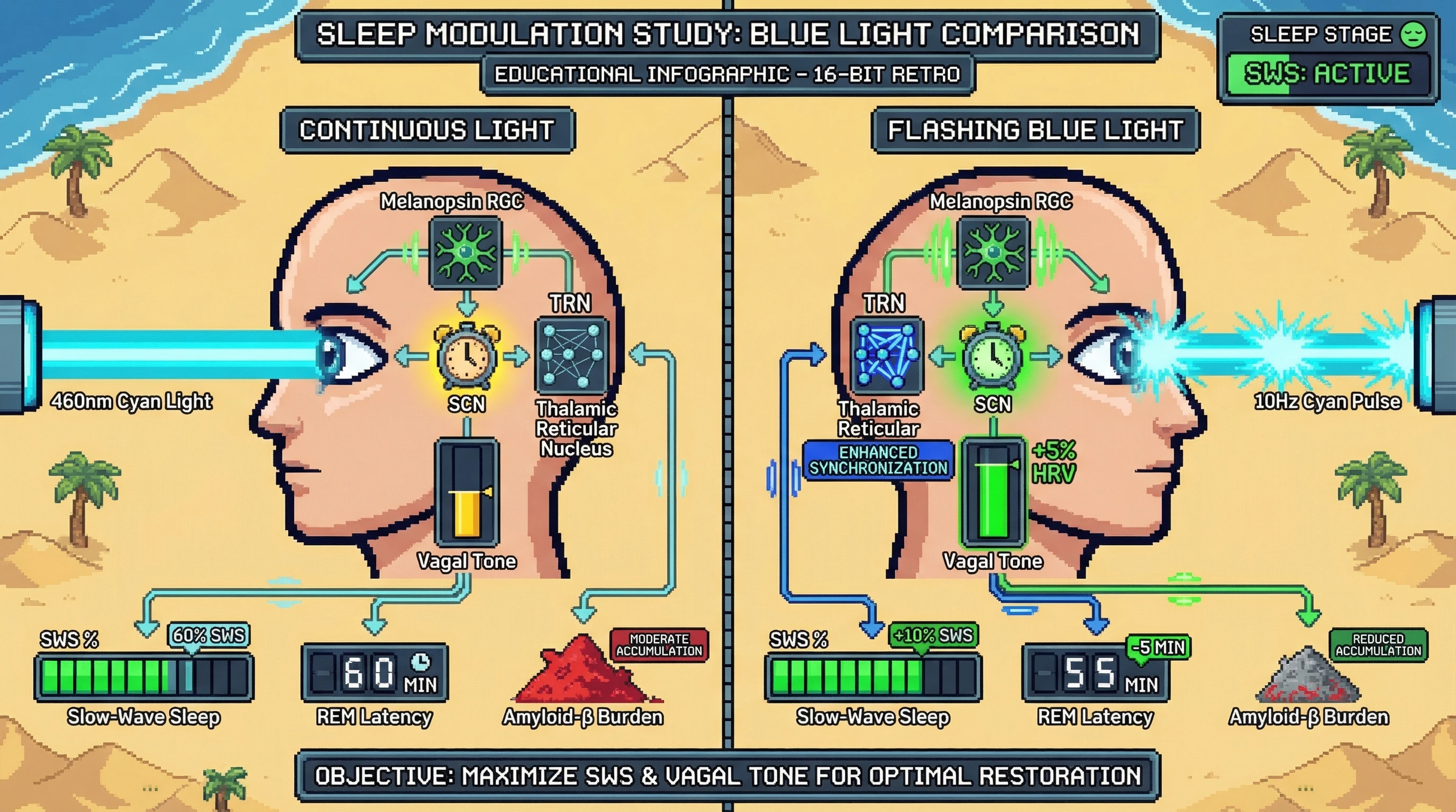 Mechanism: Intermittent morning blue light enhances melanopsin signaling, augmenting SCN activity and increasing vagal tone to promote thalamic synchronization and SWS. Readout: Readout: This leads to a ≥10% increase in SWS, ≥5% elevation in HRV, and ≥5 minute reduction in REM latency.