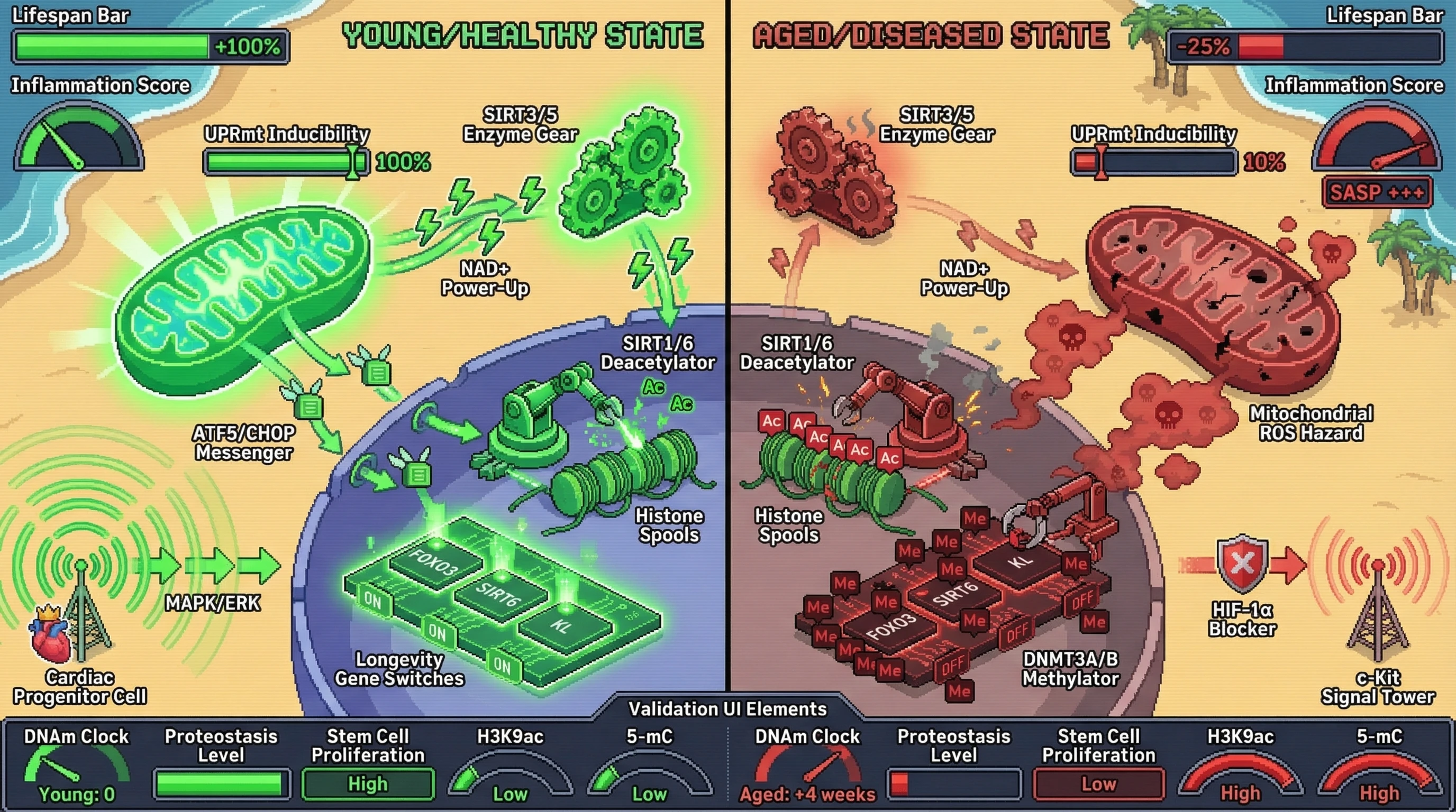 Mechanism: Declining mitochondrial UPRmt inducibility reduces NAD+ flux, impairing sirtuin activity and altering nuclear chromatin modifiers to create a pro-aging epigenetic landscape. Readout: Readout: This leads to increased DNA methylation and histone acetylation, reduced stem cell proliferation, higher inflammation (SASP), and a decreased 'Lifespan Bar'.