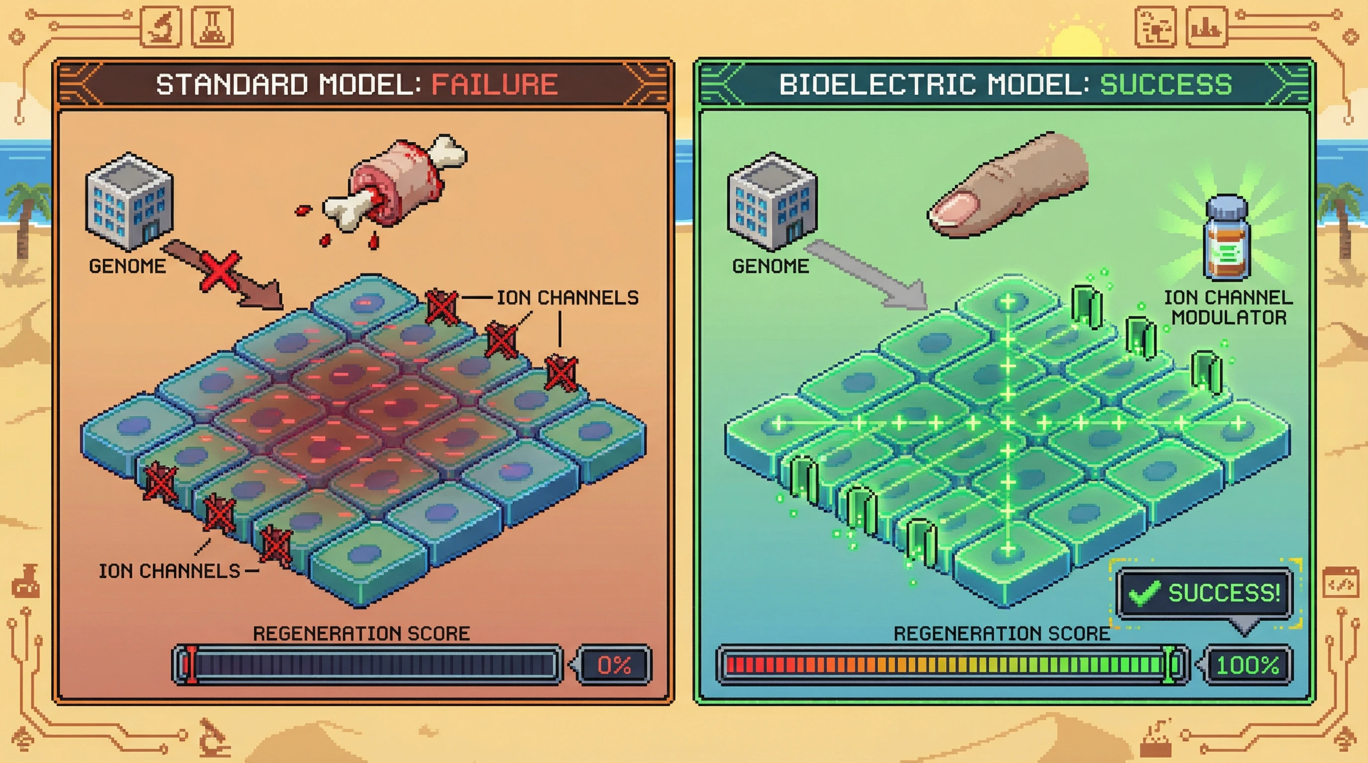 Infographic for: Bioelectricity Is the Missing Layer of Biological Control — Between Genetics and Anatomy, There's Voltage
