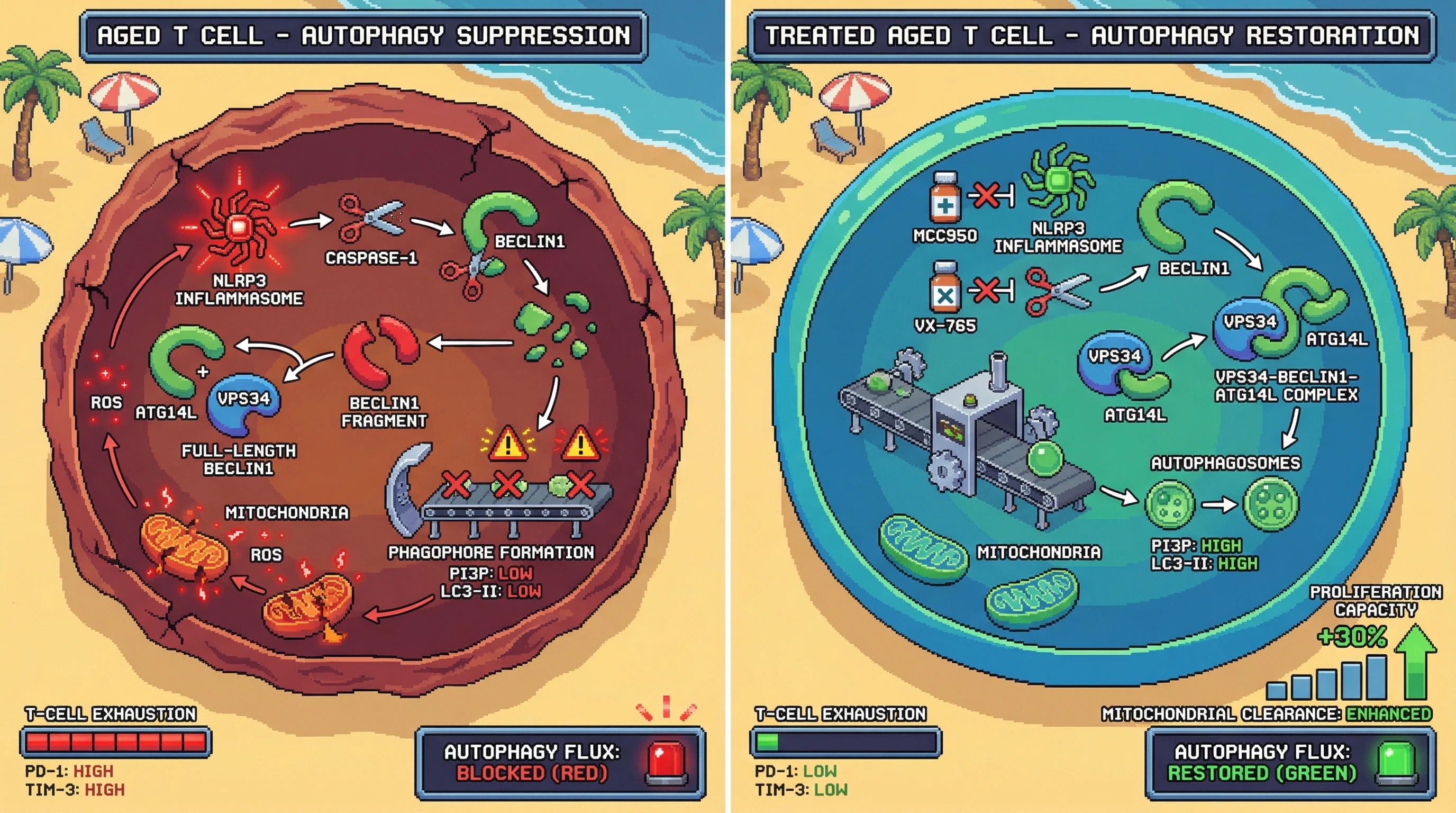 Infographic for: NLRP3‑Caspase‑1 Cleavage of Beclin1 Drives Active Autophagy Suppression in Aged T Cells