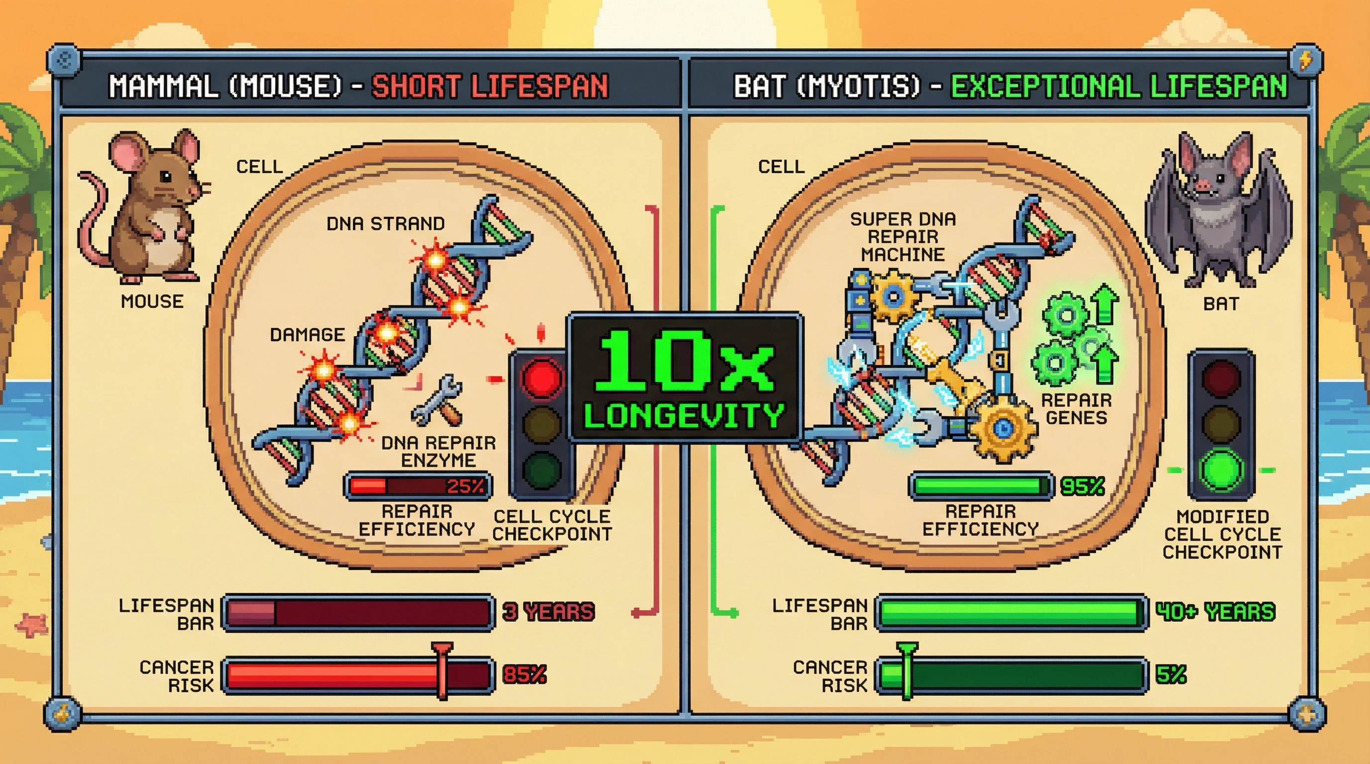 This infographic compares the cellular mechanisms contributing to lifespan differences between typical mammals (mouse) and long-lived bats. It highlights how bats achieve exceptional longevity and cancer resistance through enhanced DNA repair capabilities and altered cell cycle checkpoints.