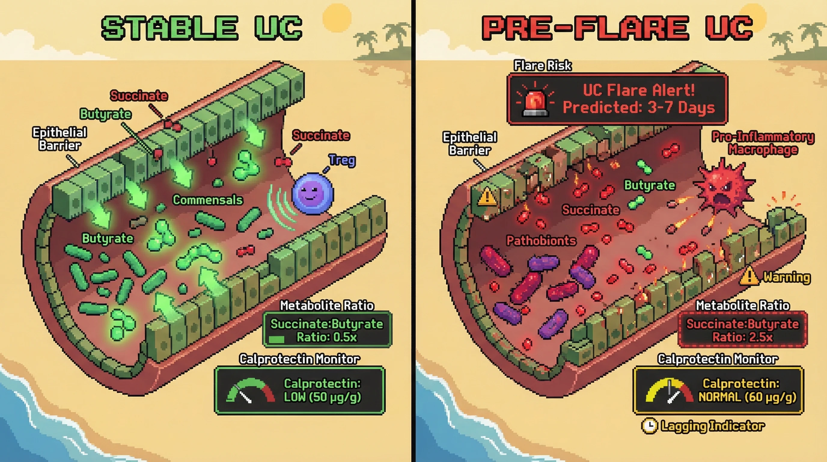 Infographic for: Hypothesis: Day-level rise in stool succinate-to-butyrate ratio predicts ulcerative colitis flare 3–7 days before calprotectin spike