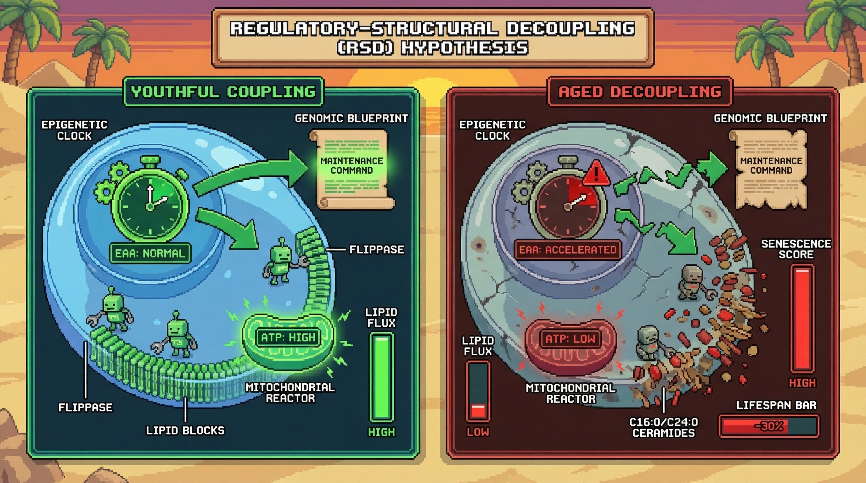 Mechanism: The Regulatory-Structural Decoupling (RSD) hypothesis proposes that in aging, the epigenetic 'maintenance command' remains high, but the cellular machinery's ability to execute lipid membrane repair fails due to ATP depletion. Readout: Readout: This decoupling leads to increased C16:0/C24:0 ceramides, a high senescence score, and a reduced lifespan, despite persistent epigenetic signals.