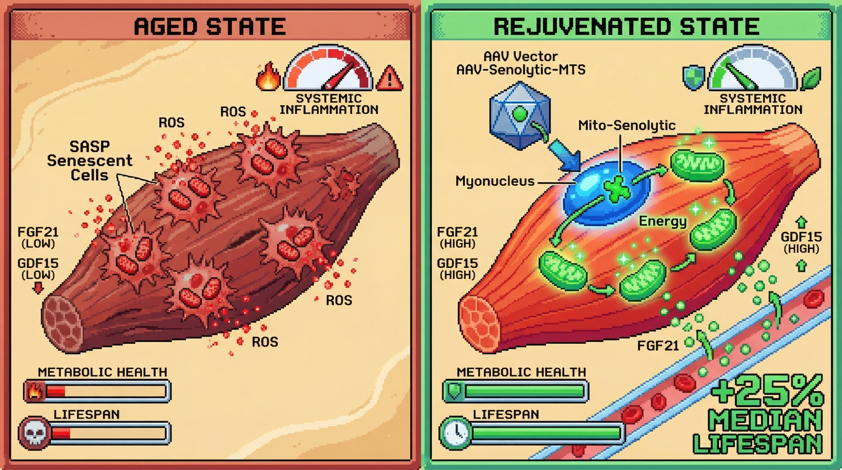 Infographic for: Muscle-Directed AAV Delivery of Mitochondrial-Targeted Senolytics Extends Healthspan via Mitokine-Mediated Systemic Rejuvenation