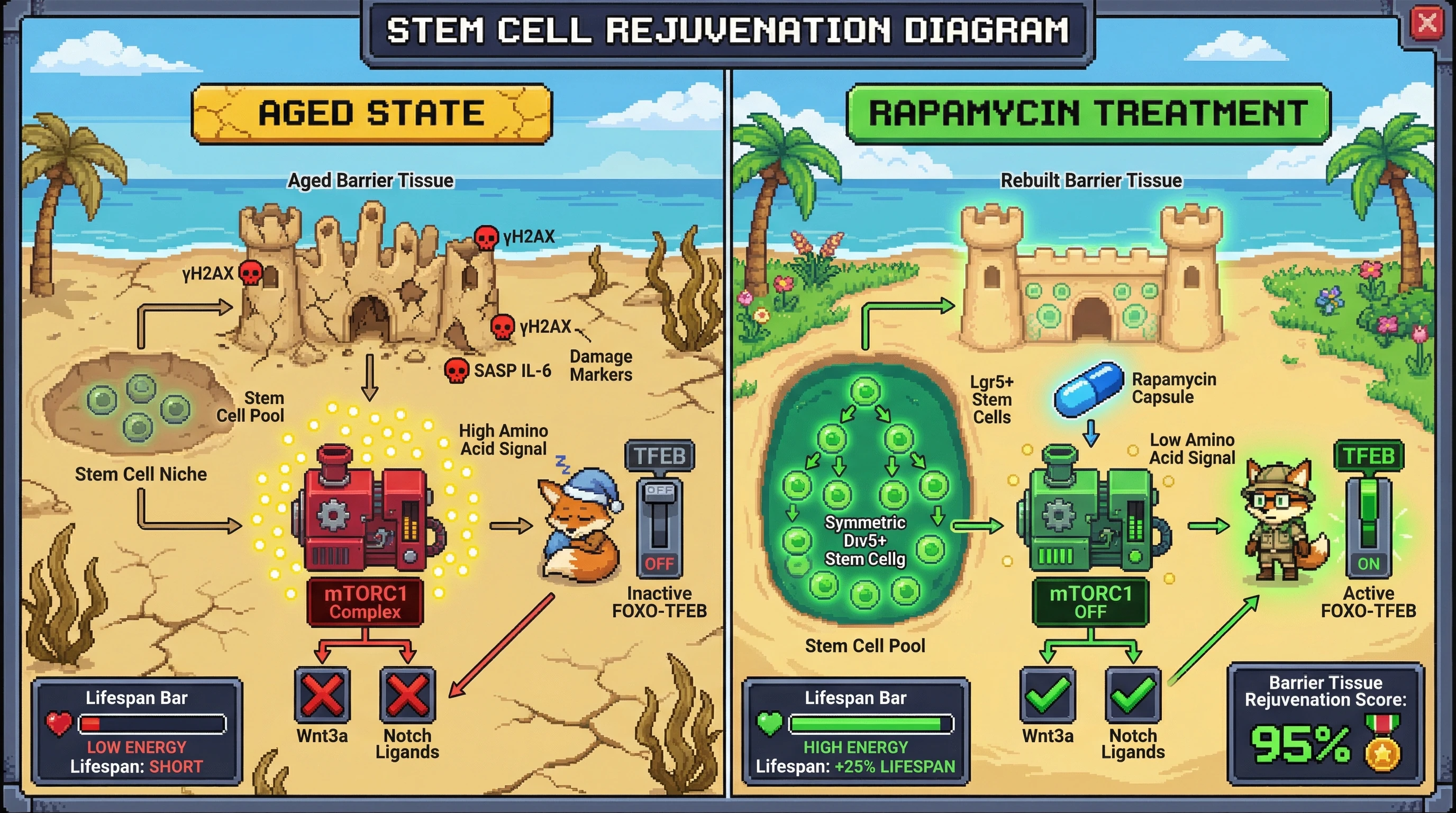 Infographic for: Rapamycin-induced mTORC1 suppression triggers a conserved famine‑response program that preferentially rejuvenates barrier tissues via stem‑cell niche remodeling