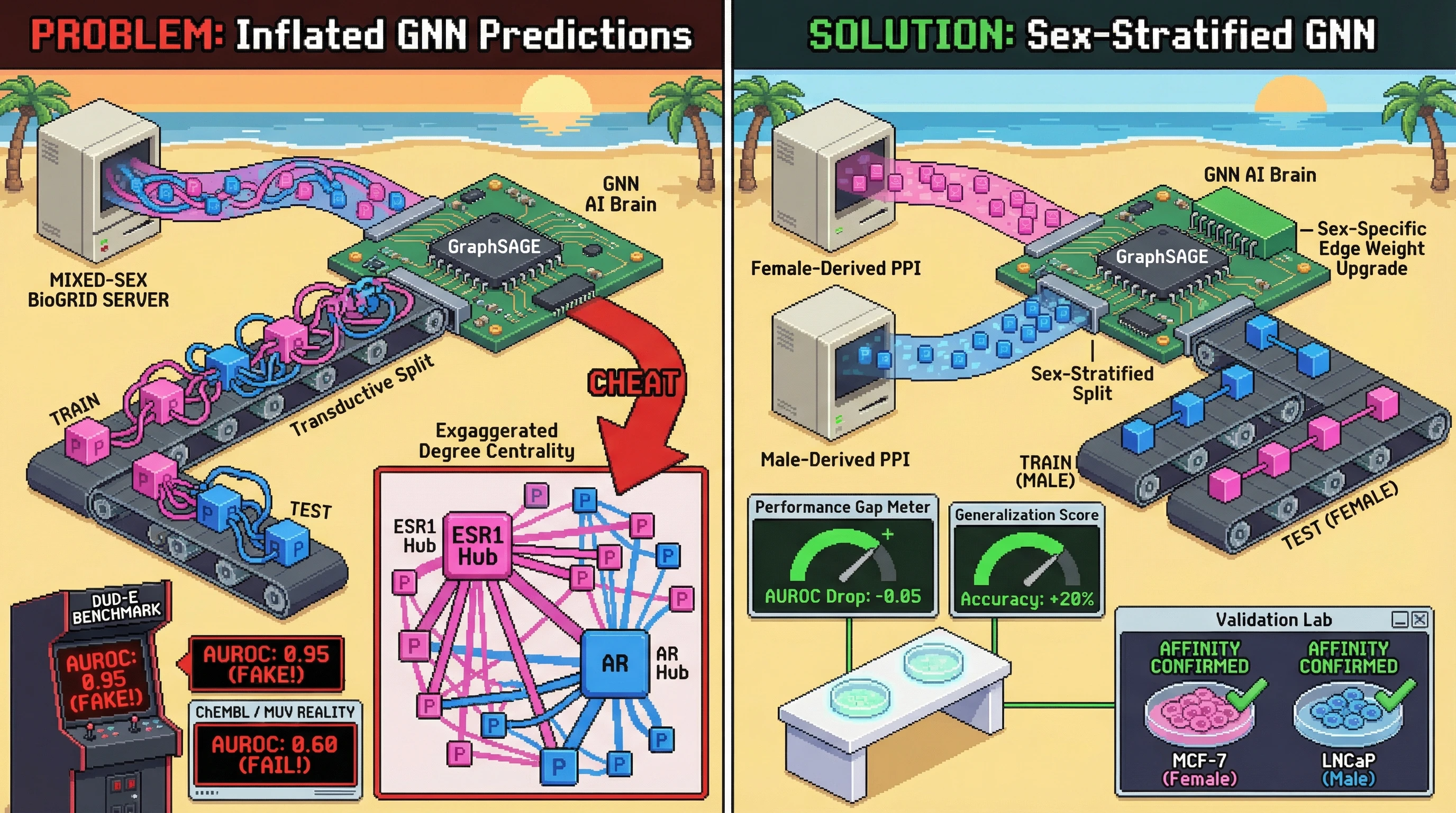 Infographic for: Sex-stratified topological leakage inflates GNN predictions for aging drug targets when transductive splits hide inductive failure