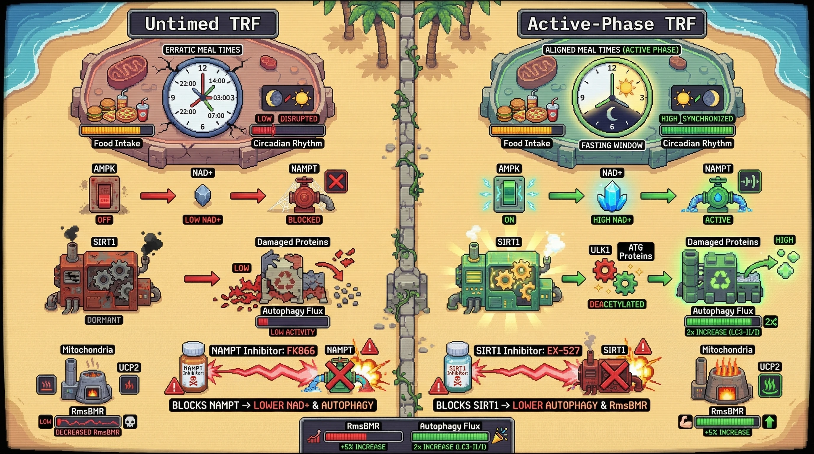 Infographic for: Circadian‑Aligned Time‑Restricted Feeding Elevates Mass‑Specific Basal Metabolic Rate While Amplifying Autophagic Flux via AMPK‑NAMPT‑SIRT1 Coupling