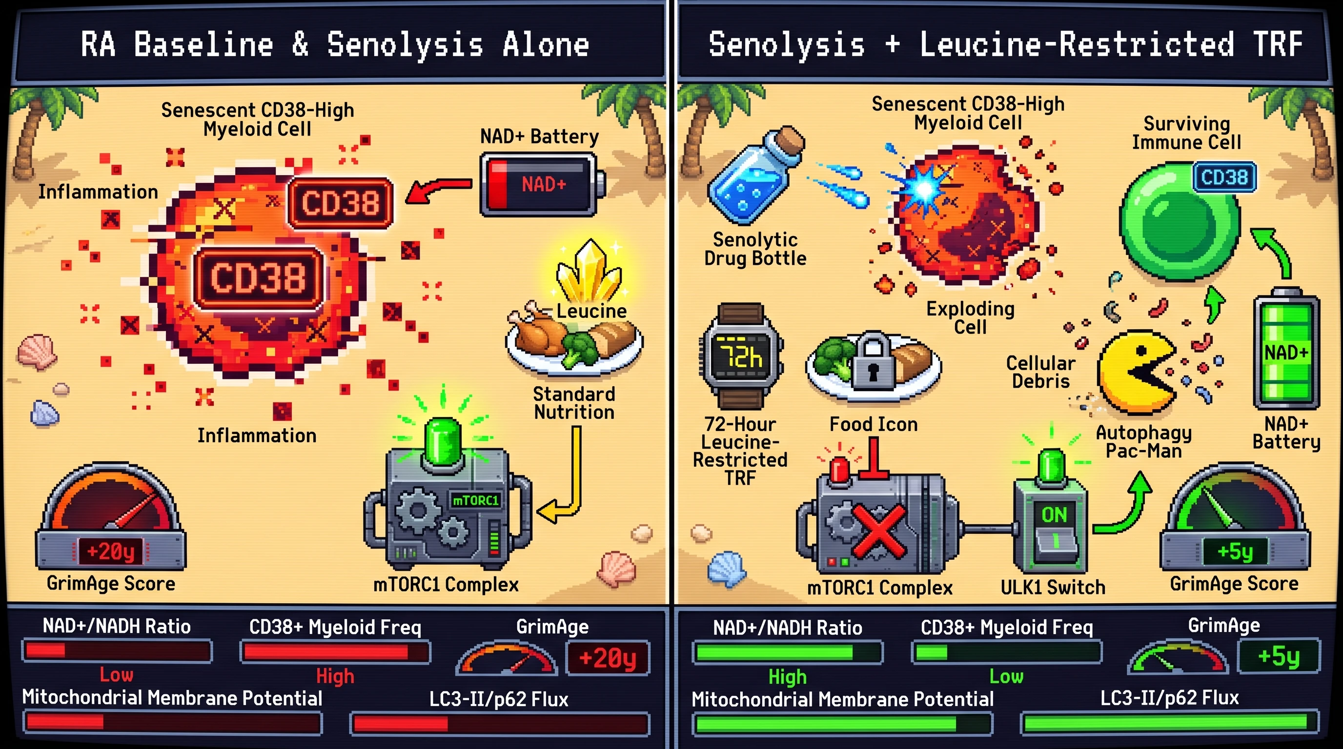 Infographic for: Hypothesis: A brief leucine-restricted eating window after senolysis will reset CD38-high myeloid NAD+ consumption and improve epigenetic aging in seropositive RA