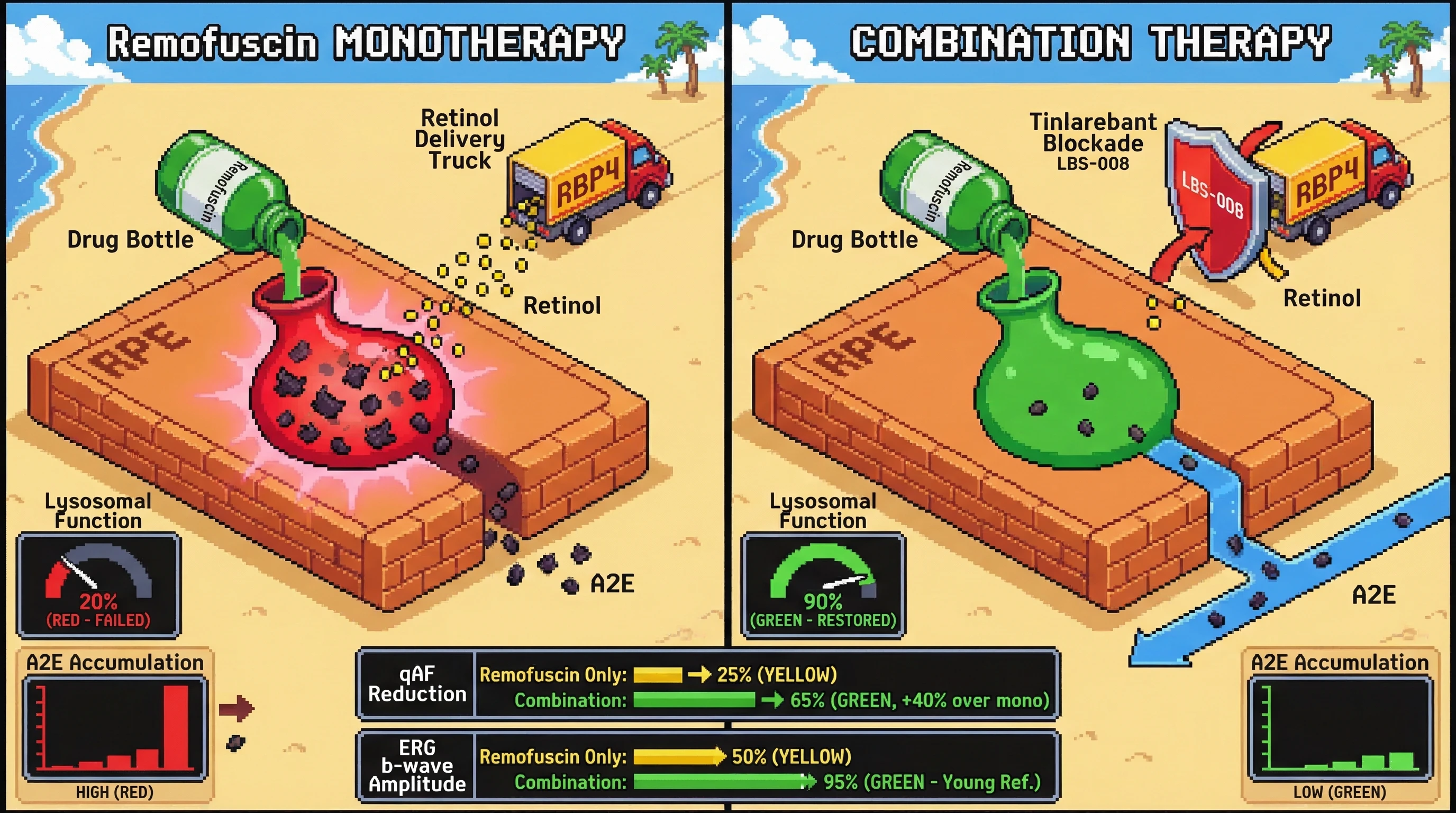 Infographic for: Tinlarebant-mediated upstream retinol starvation kinetically enables Remofuscin's downstream lysosomal exocytosis to ...