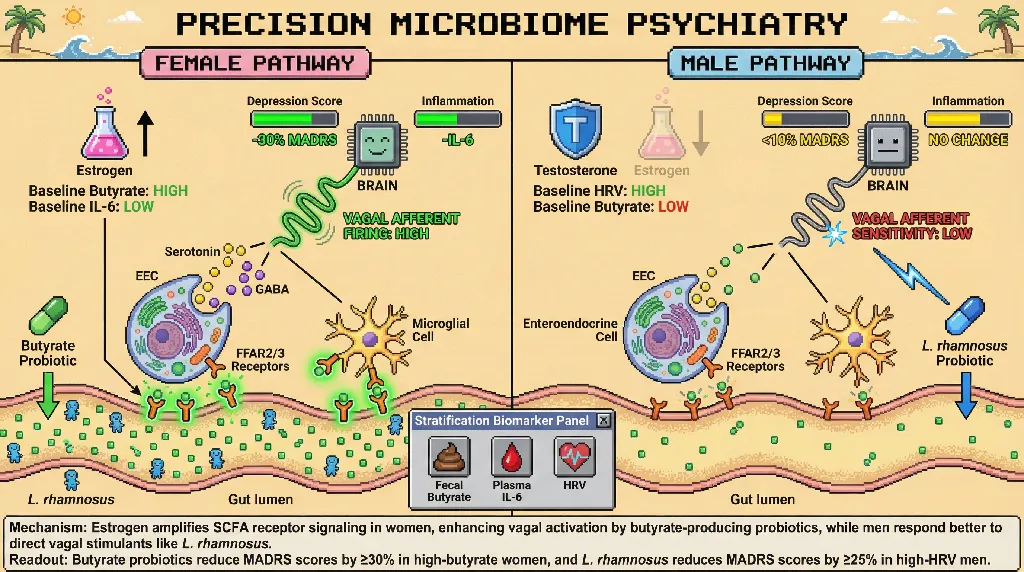 Infographic for: Sex‑Specific Vagal‑Immune Crosstalk Determines Differential Efficacy of Short‑Chain Fatty Acid–Based Psychobiotics in Depression