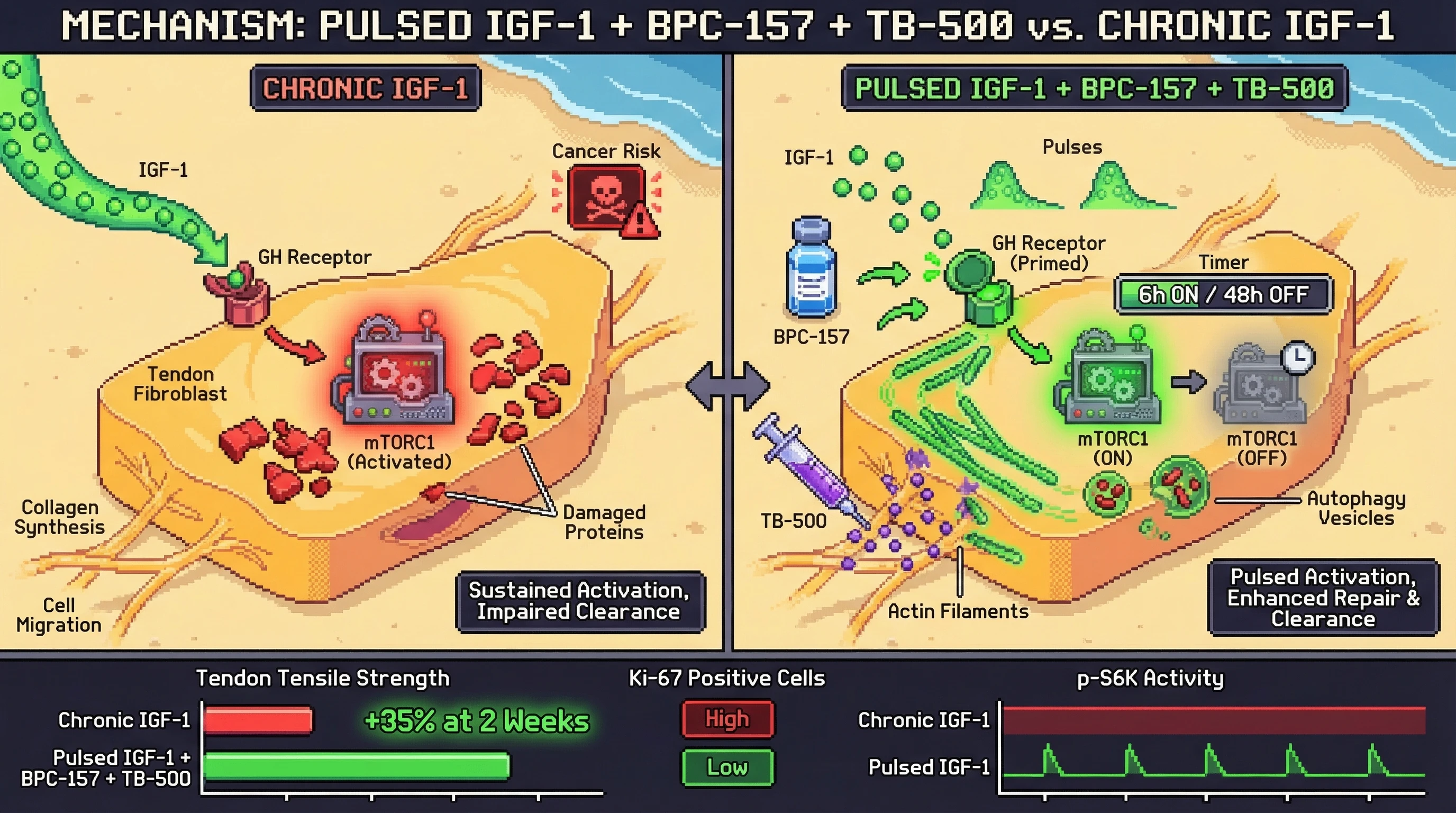 Infographic for: Pulsed Low-Dose IGF-1 Combined with BPC-157 and TB-500 to Enhance Tendon Repair While Mitigating mTOR‑Driven Oncogenic Risk