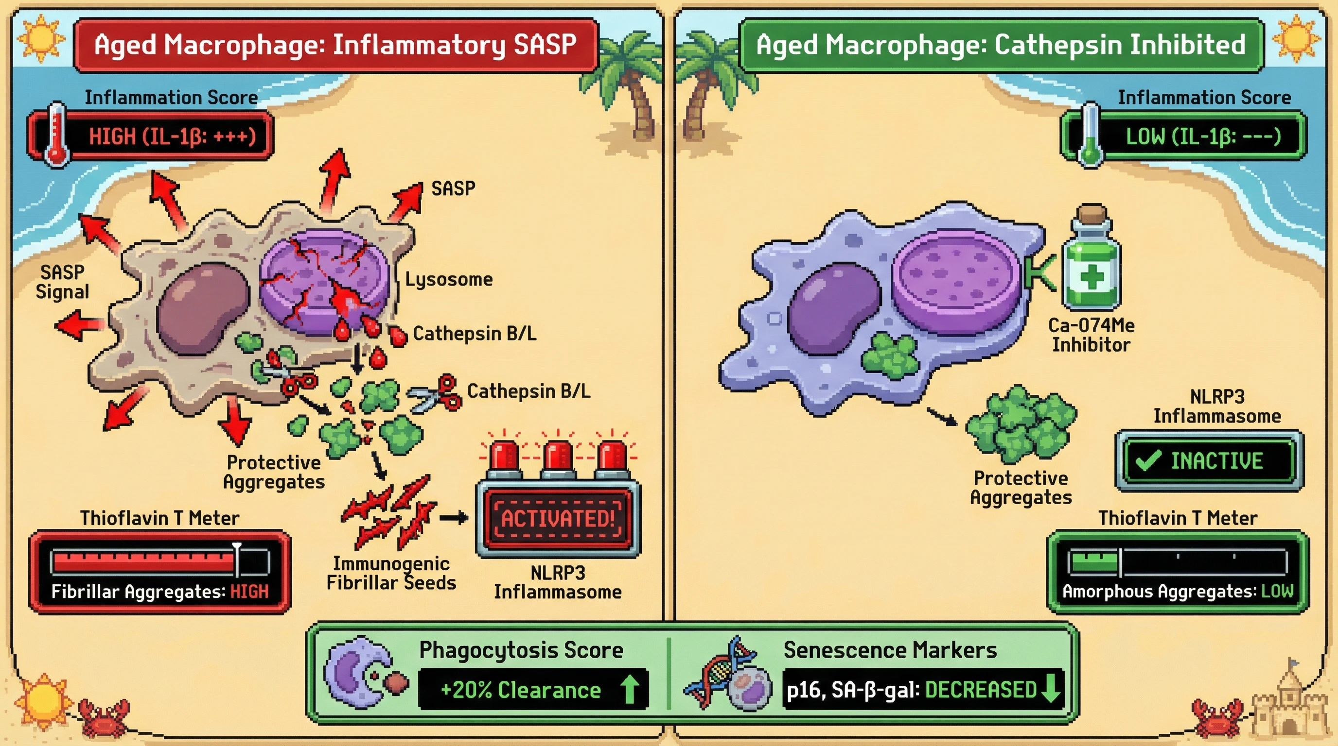 Mechanism: Inflammatory SASP causes lysosomal leak and cathepsin release, converting protective protein aggregates into immunogenic fibrillar seeds that activate the NLRP3 inflammasome. Readout: Readout: Cathepsin inhibition prevents fibrillar aggregate formation, significantly reducing inflammasome activation and improving phagocytic clearance while decreasing senescence markers.