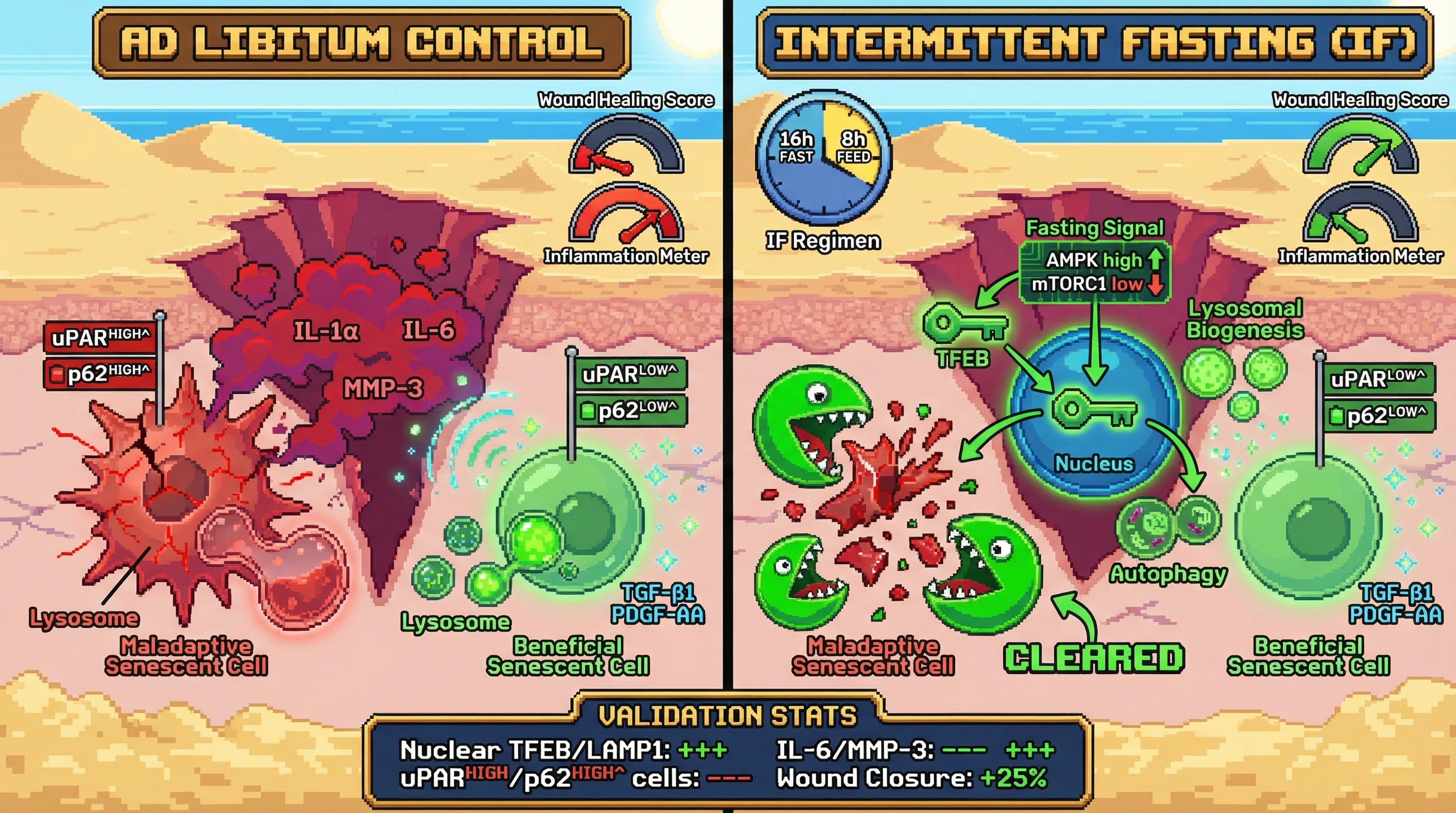 Infographic for: Intermittent fasting licenses autophagy‑mediated discrimination between beneficial and deleterious senescent cells via TFEB‑driven lysosomal reprogramming
