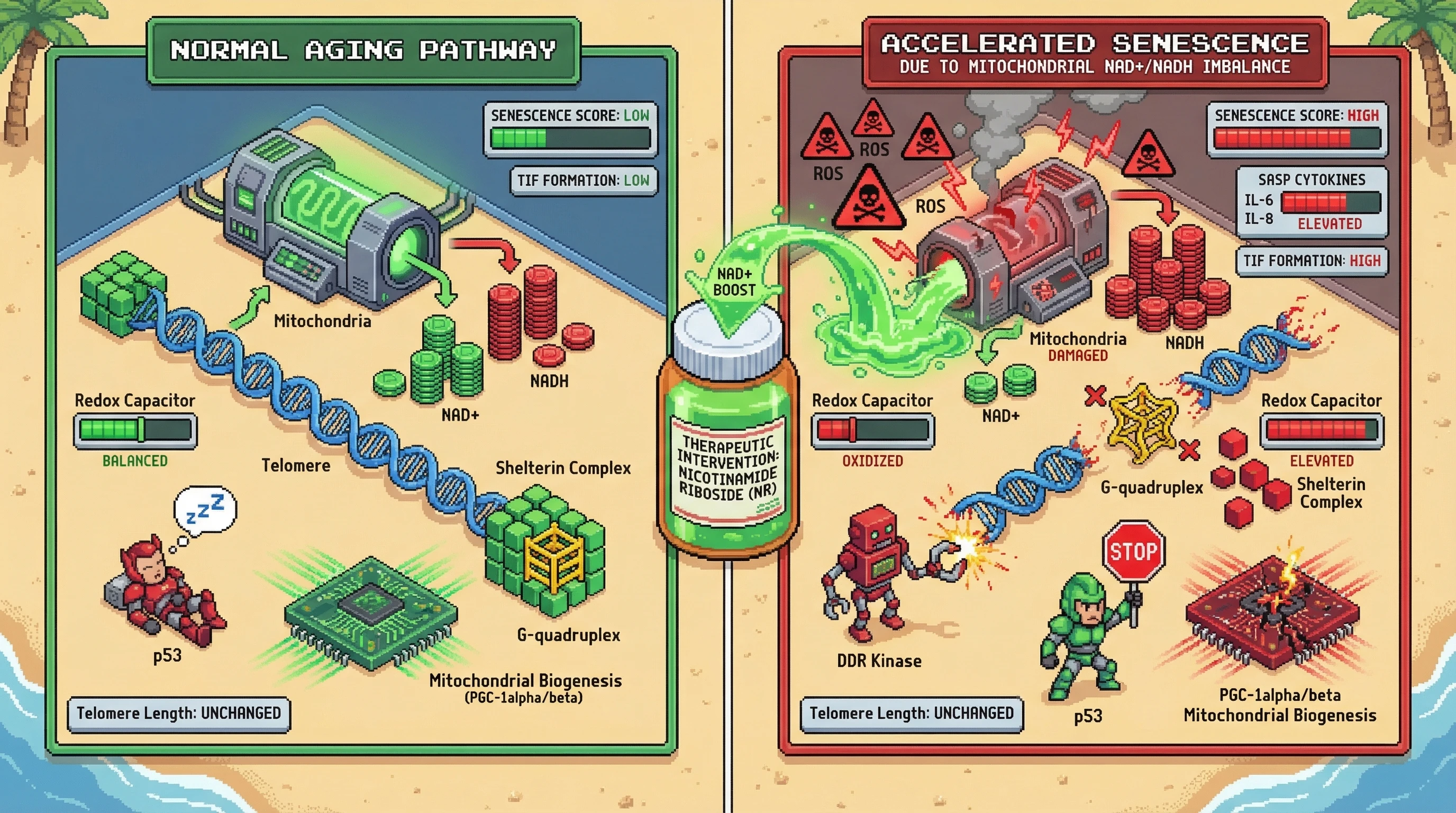 Infographic for: Telomere length as a redox-sensitive readout of mitochondrial NAD+/NADH ratio governing senescence entry