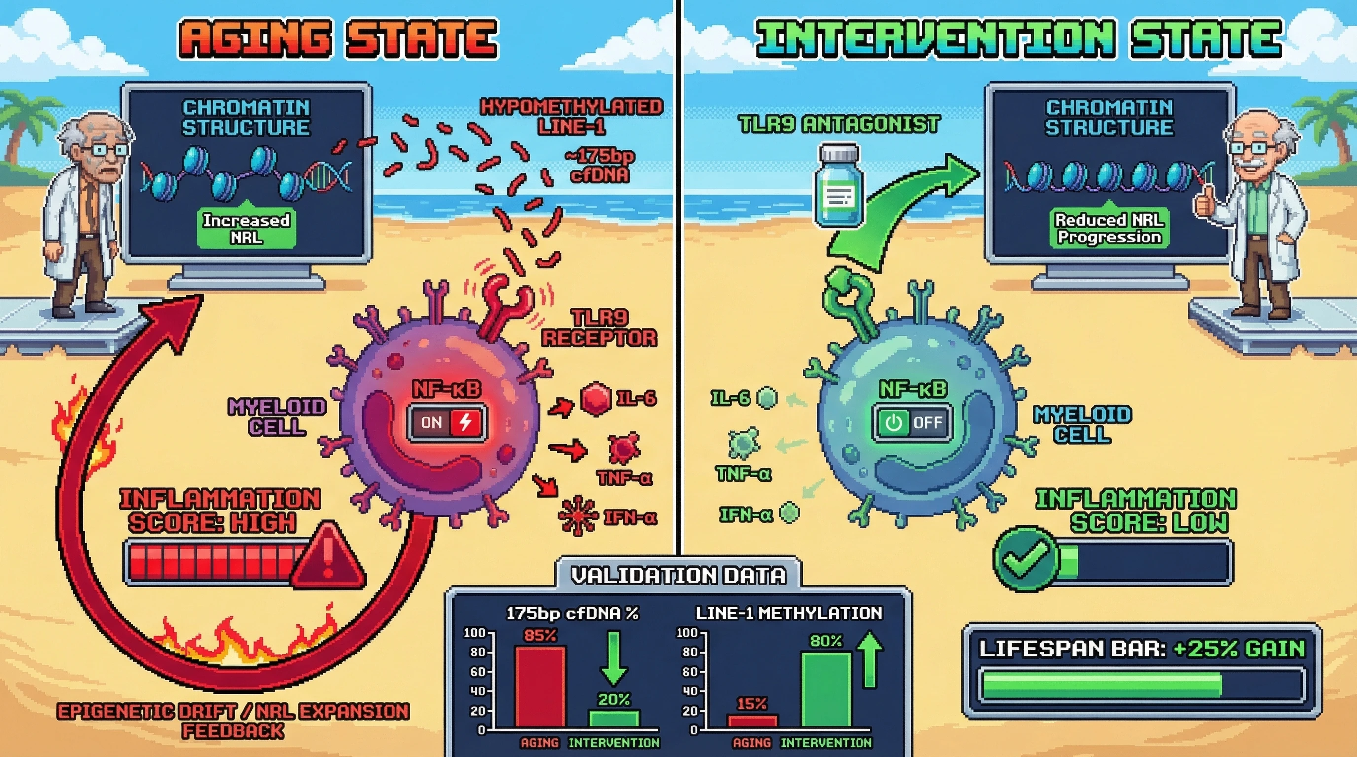 Infographic for: Nucleosome Repeat Length Expansion Drives cfDNA Fragmentation That Activates TLR9-Mediated Inflammaging