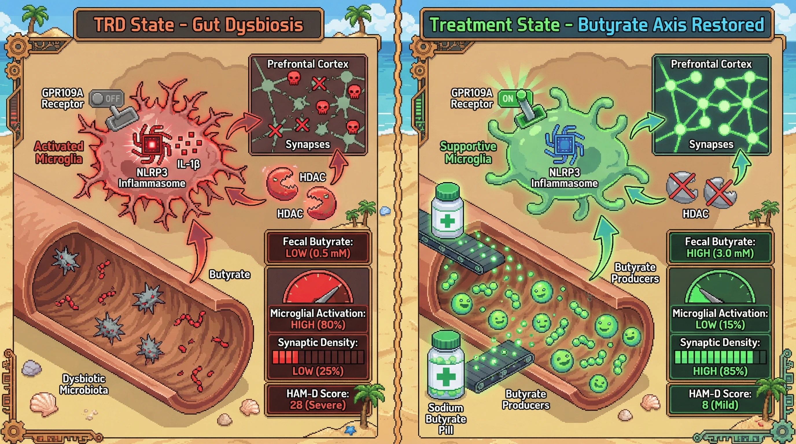 Infographic for: Butyrate‑Microglia GPR109A Axis as a Convergent Mechanism Linking Gut Dysbiosis to Prefrontal Synaptic Loss in Treatment‑Resistant Depression