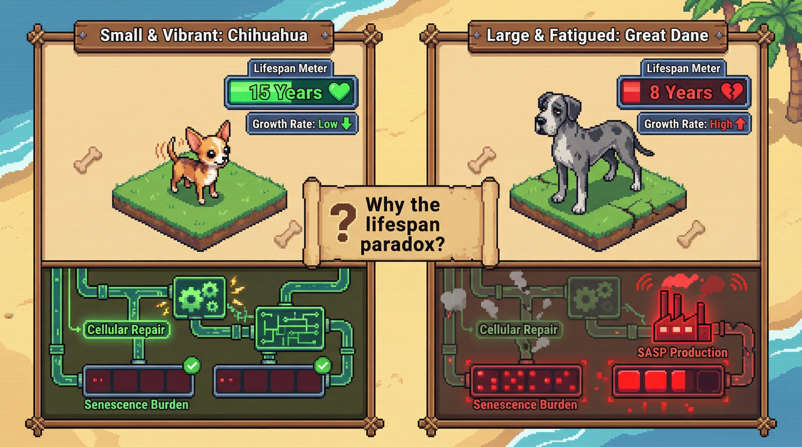 This infographic visually poses the intriguing biological paradox of why larger dog breeds, unlike larger species in general, tend to have significantly shorter lifespans than smaller breeds, hinting at underlying cellular differences related to growth and aging.