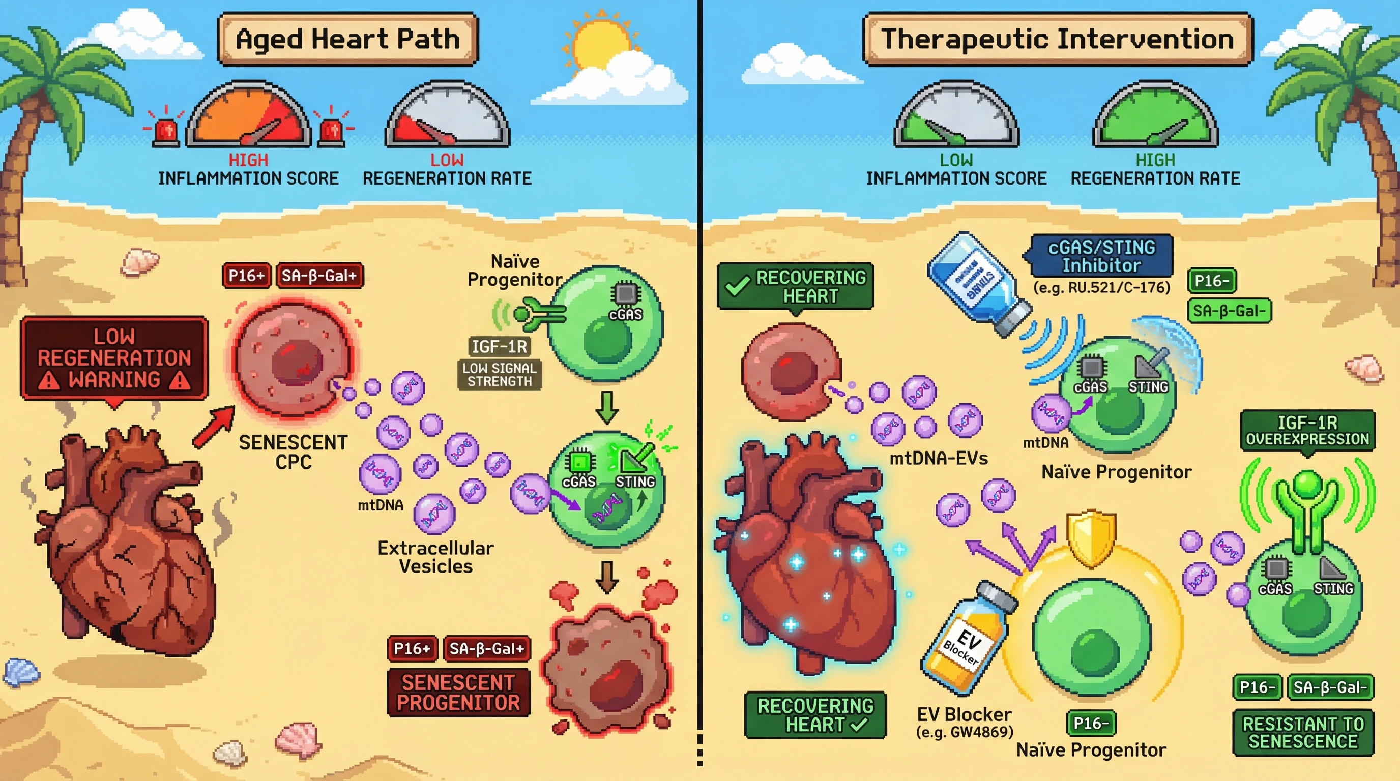 Mechanism: Senescent cardiac progenitor cells release mtDNA-containing extracellular vesicles, activating cGAS-STING in neighboring IGF-1Rlow progenitors, inducing senescence. Readout: Readout: Blocking this pathway or overexpressing IGF-1R reduces senescence markers and improves regenerative capacity.