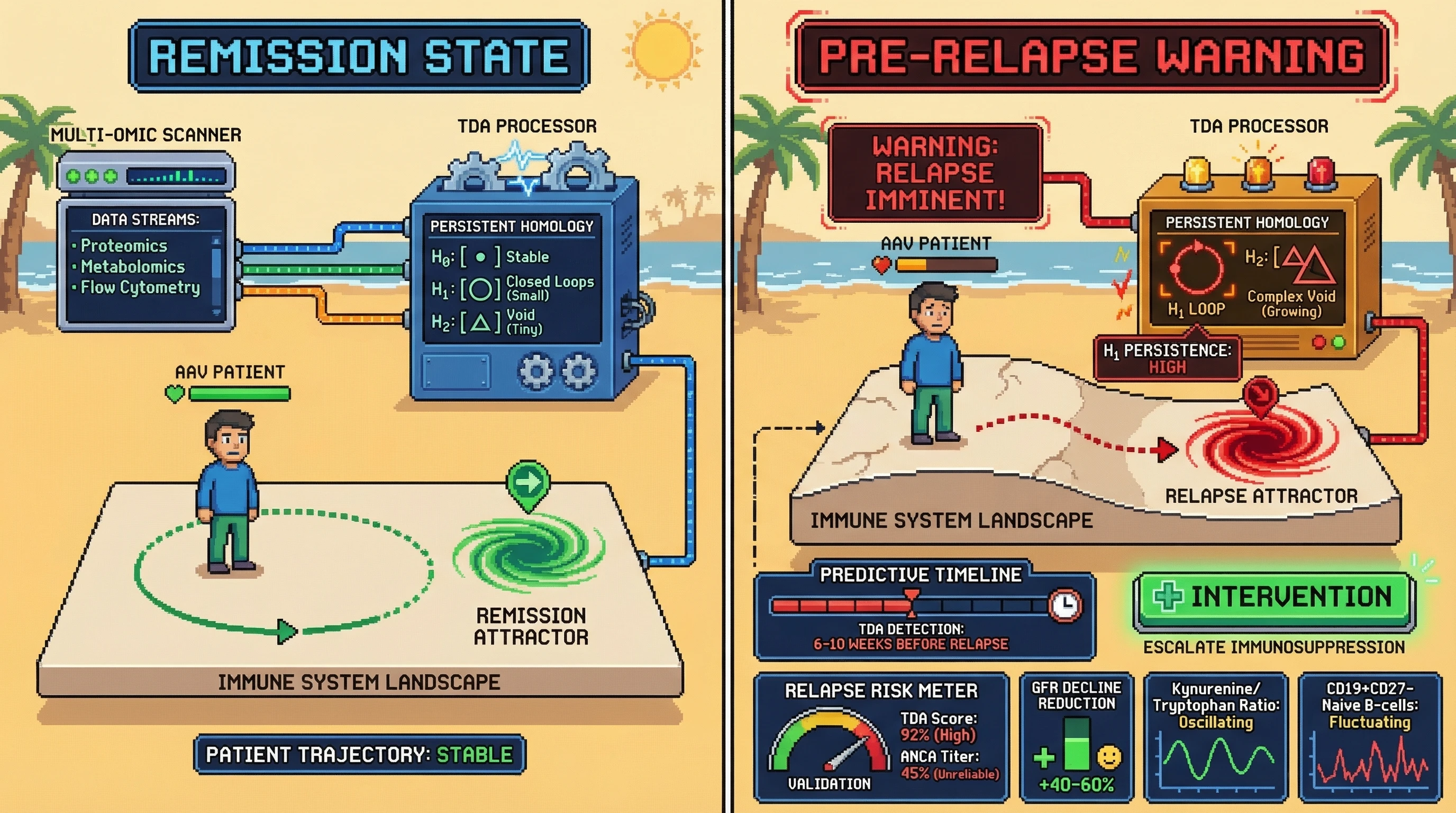 Infographic for: Topological Data Analysis of Serial Multi-Omic Panels Identifies Hidden Attractors Governing Relapse Timing in ANCA-Associated Vasculitis