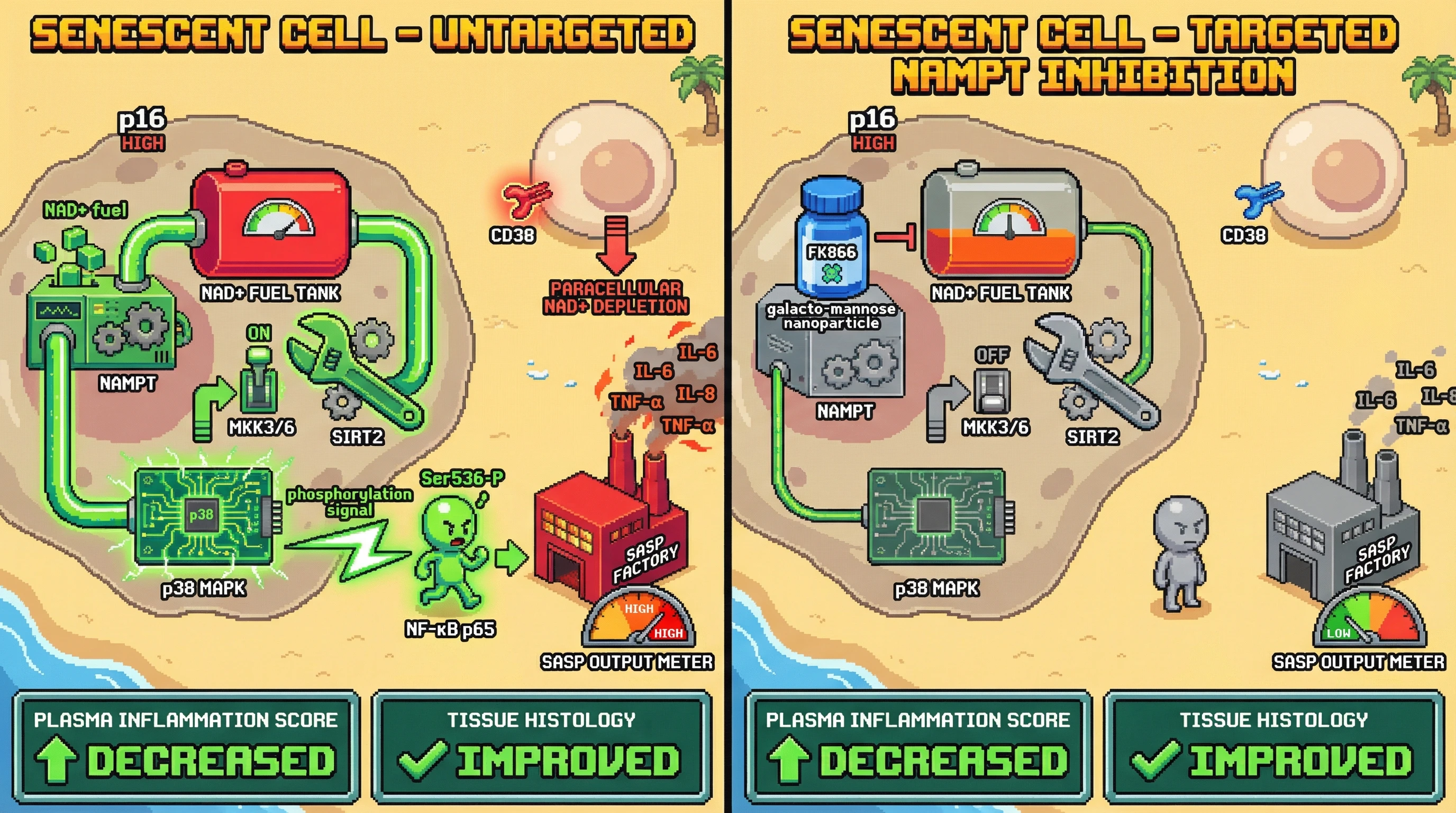 Infographic for: Senocyte‑Specific NAD+ Biosynthesis Fuels SASP via p38 MAPK‑NF‑κB Crosstalk: A Targeted NAMPT Inhibition Hypothesis