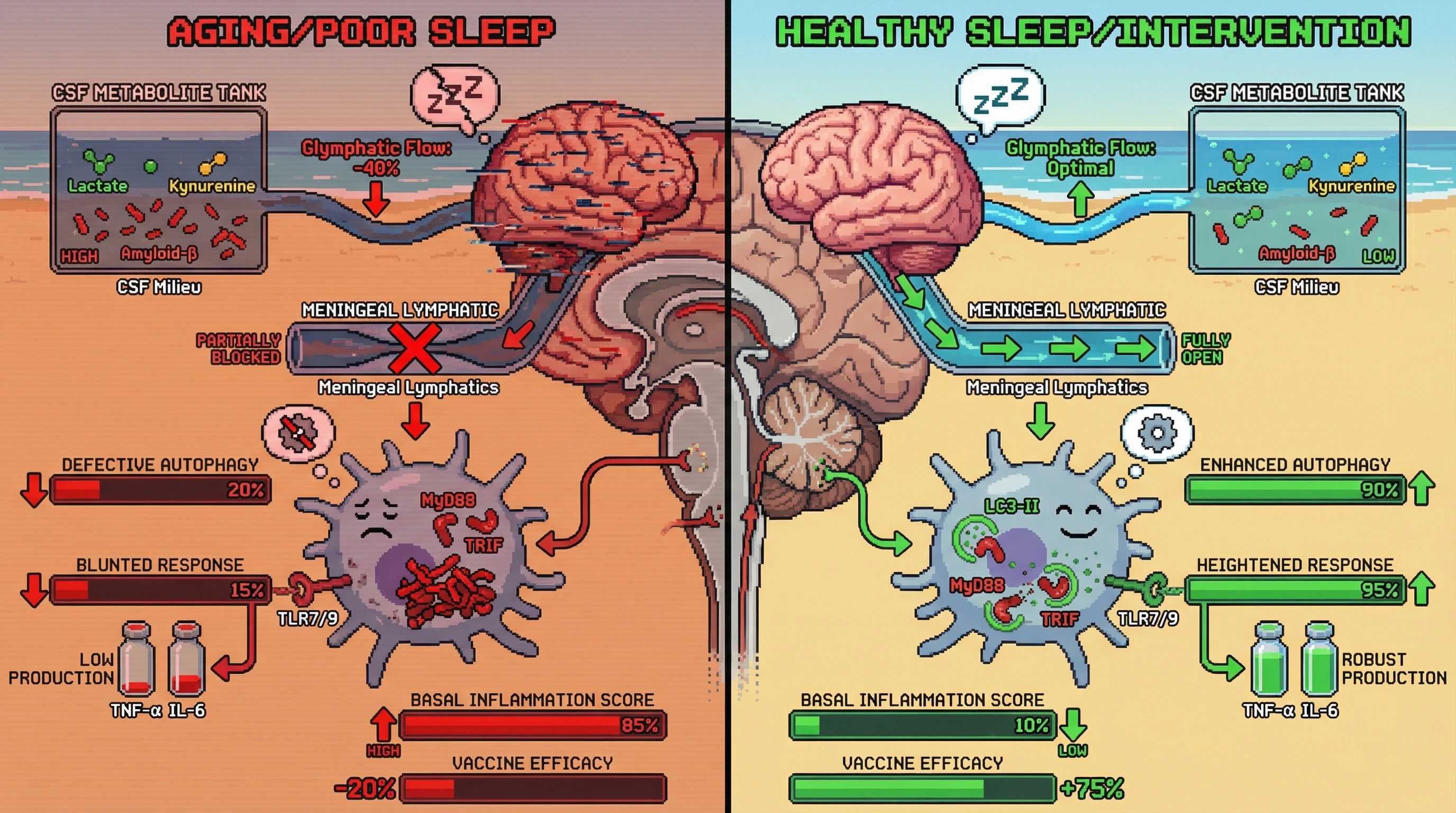 Mechanism: Healthy sleep and robust glymphatic flow deliver key metabolites to peripheral dendritic cells via CSF, enhancing autophagy and optimal TLR signaling. Readout: Readout: This leads to reduced basal inflammation, heightened TLR-induced cytokine production, and increased vaccine efficacy compared to aging or sleep deprivation.