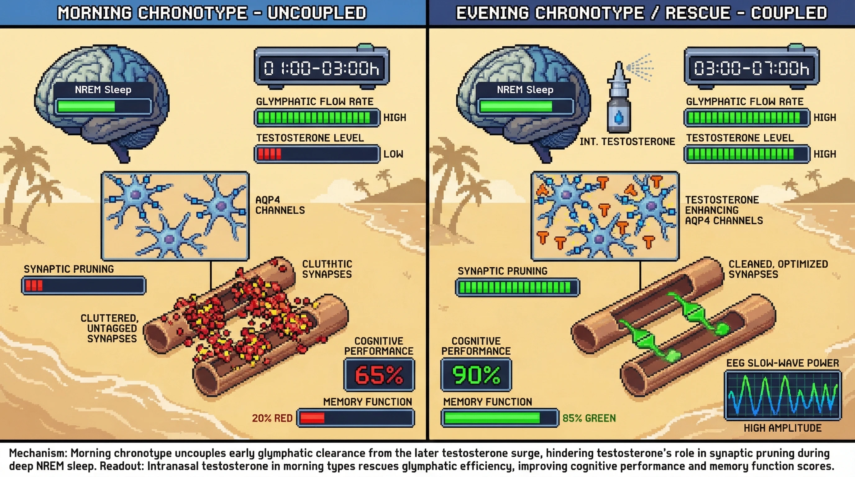 Infographic for: Chronotype-Dependent Timing of Glymphatic Peaks Gates Testosterone-Driven Synaptic Remodeling During Sleep