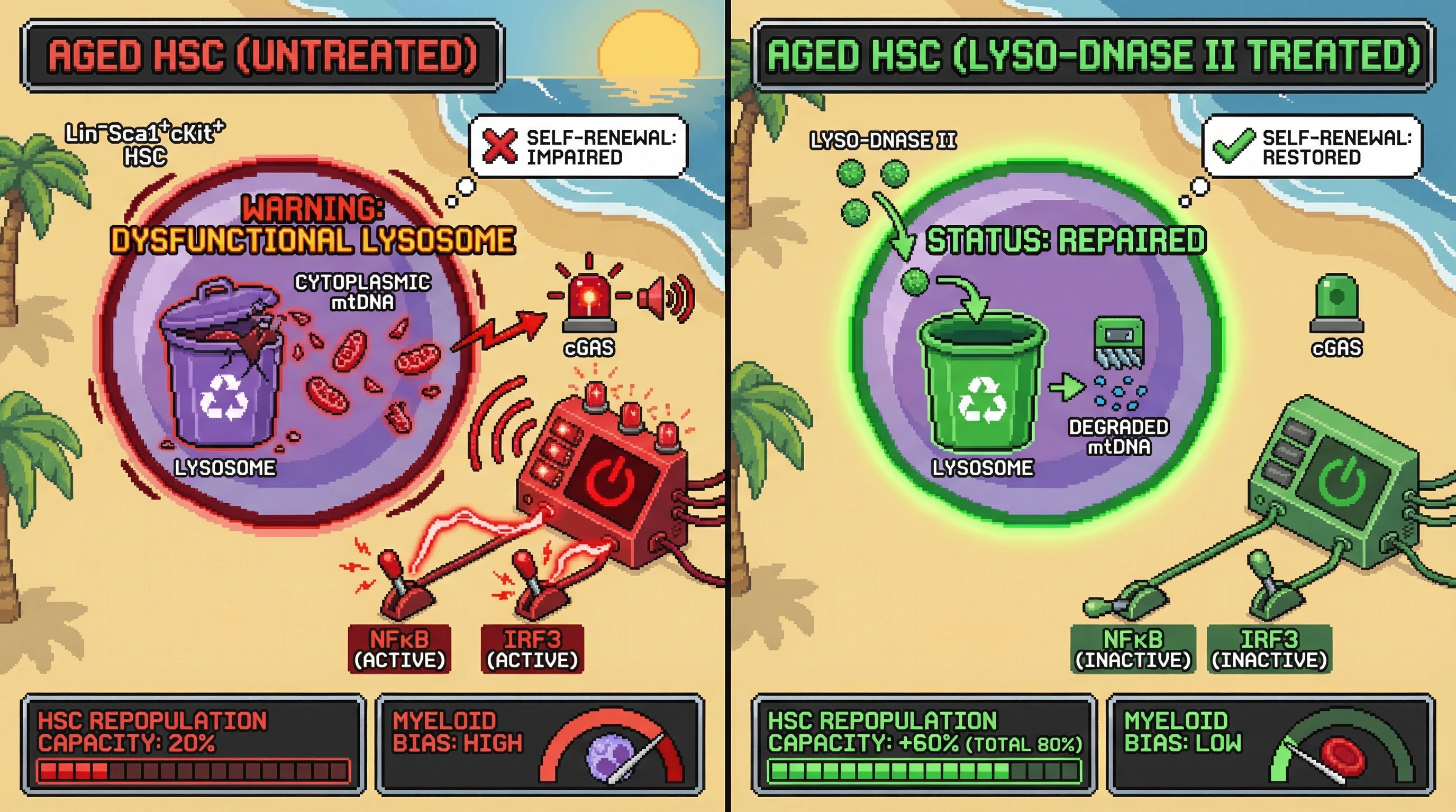 Mechanism: Lysosome-targeted DNase II nanoparticles degrade accumulated cytoplasmic mtDNA in aged hematopoietic stem cells, preventing cGAS-STING-NFκB activation. Readout: Readout: This intervention restores HSC long-term repopulation capacity to 60% of young controls and reduces myeloid-biased output.