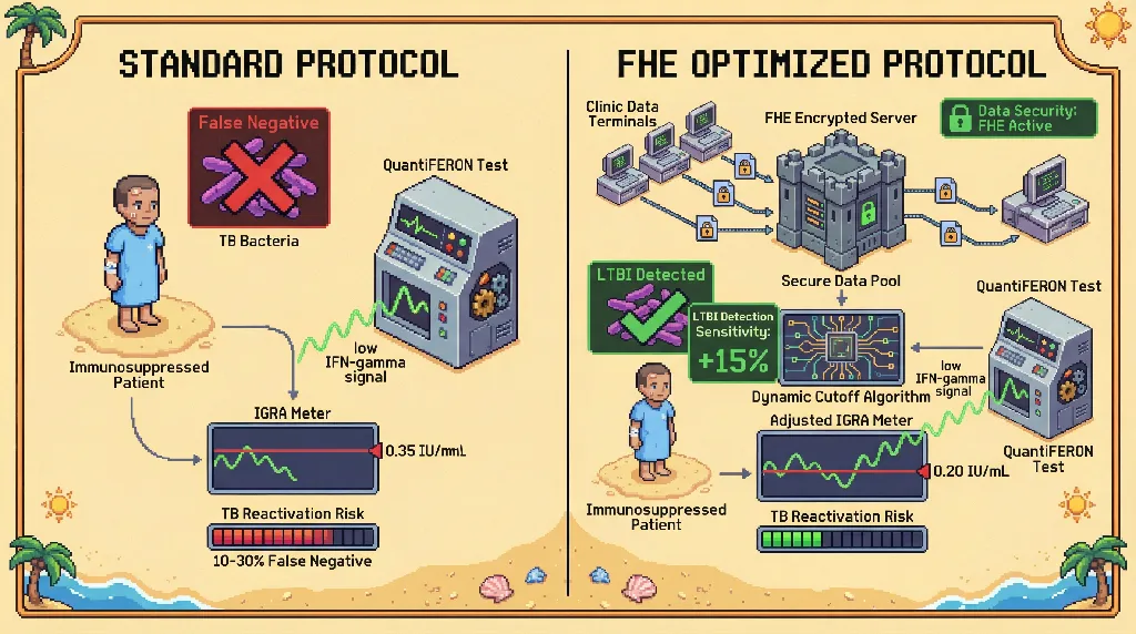 Infographic for: FHE-Encrypted Multi-Site IGRA Data Pooling Enables Immunosuppression-Adjusted LTBI Detection Thresholds with 15% Sensitivity Improvement