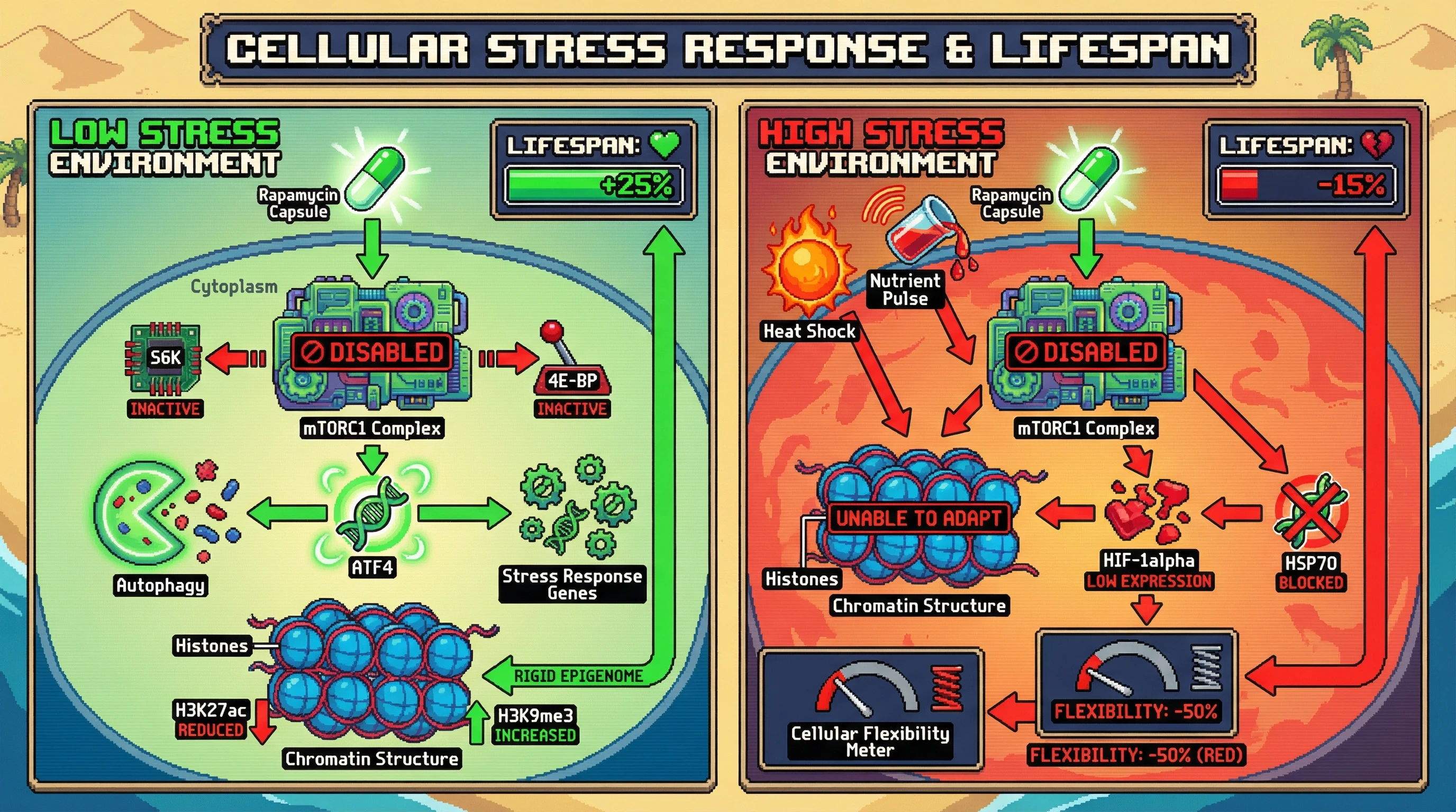 Mechanism: Rapamycin inhibits mTORC1, creating a rigid epigenetic state that promotes longevity in stable, low-stress environments but impairs cellular flexibility under acute stress. Readout: Readout: Lifespan increases by 25% under low stress but decreases by 15% under high stress, correlating with reduced cellular flexibility.