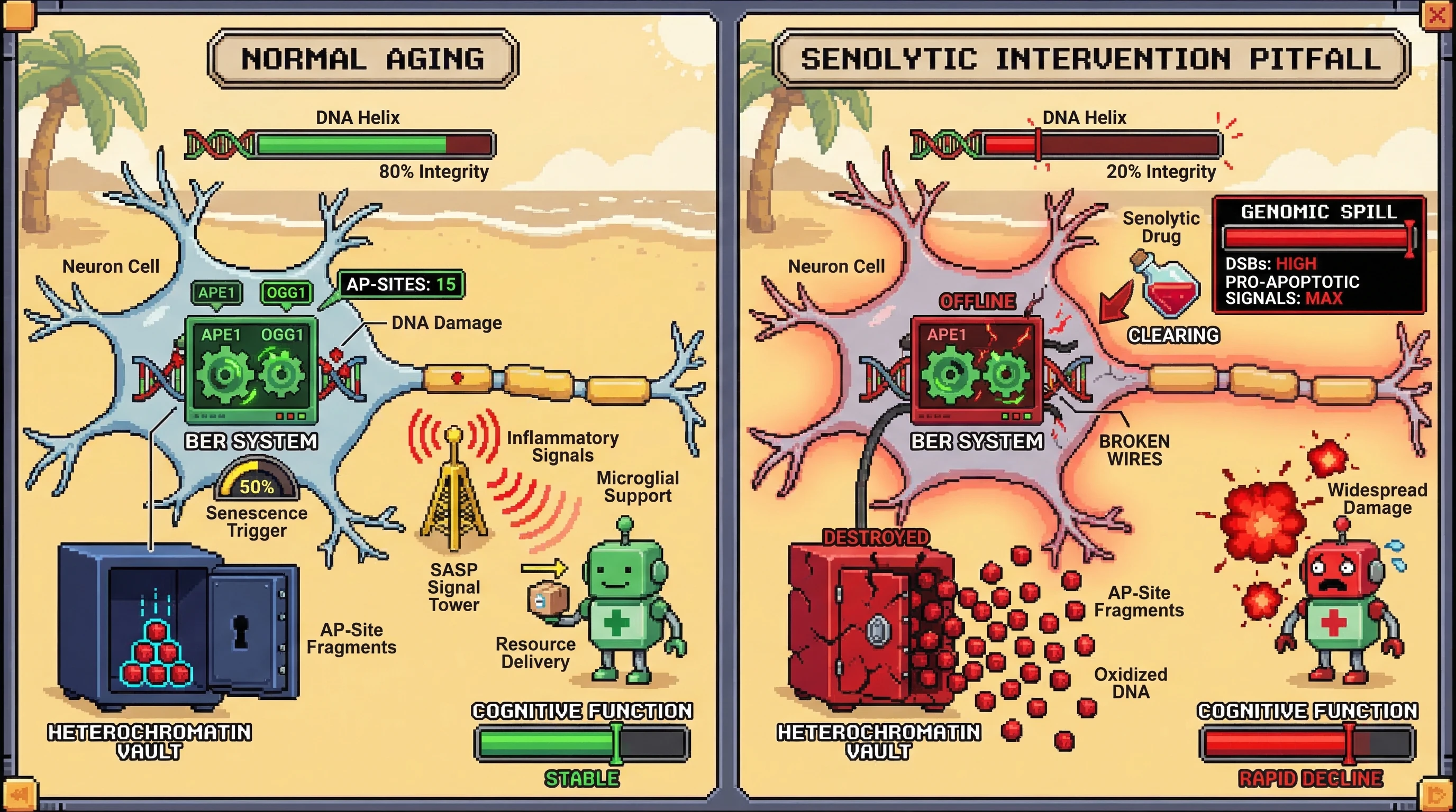 Mechanism: The 'Genomic Sentry Hypothesis' proposes that aging neurons actively 'vault' unrepaired DNA lesions (AP-sites) into heterochromatin via SASP-mediated microglial support to prevent catastrophic DSBs. Readout: Readout: Senolytic drugs, by clearing these 'vaulting' neurons, could cause a 'Genomic Spill' of toxic DNA fragments and accelerate cognitive decline, as shown by increased DSBs and a 'Rapid Decline' in cognitive function.