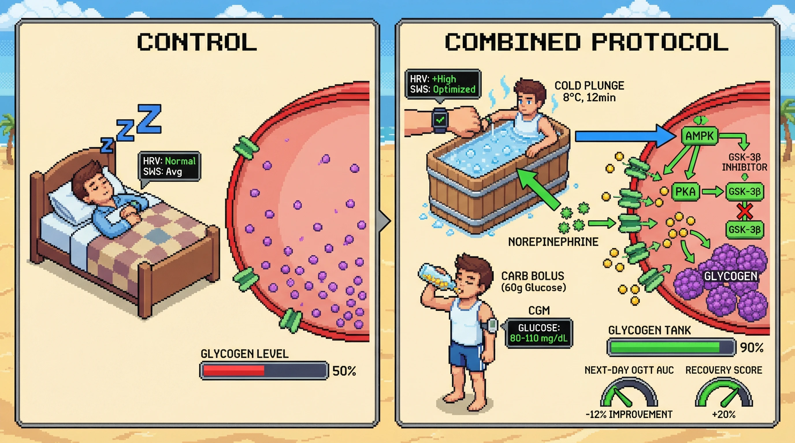 Infographic for: Integrating Wearable-Guided Cold Plunge Timing with CGM‑Informed Evening Carbohydrate Intake Enhances Overnight Glycogen Recovery and Next‑Day Metabolic Flexibility