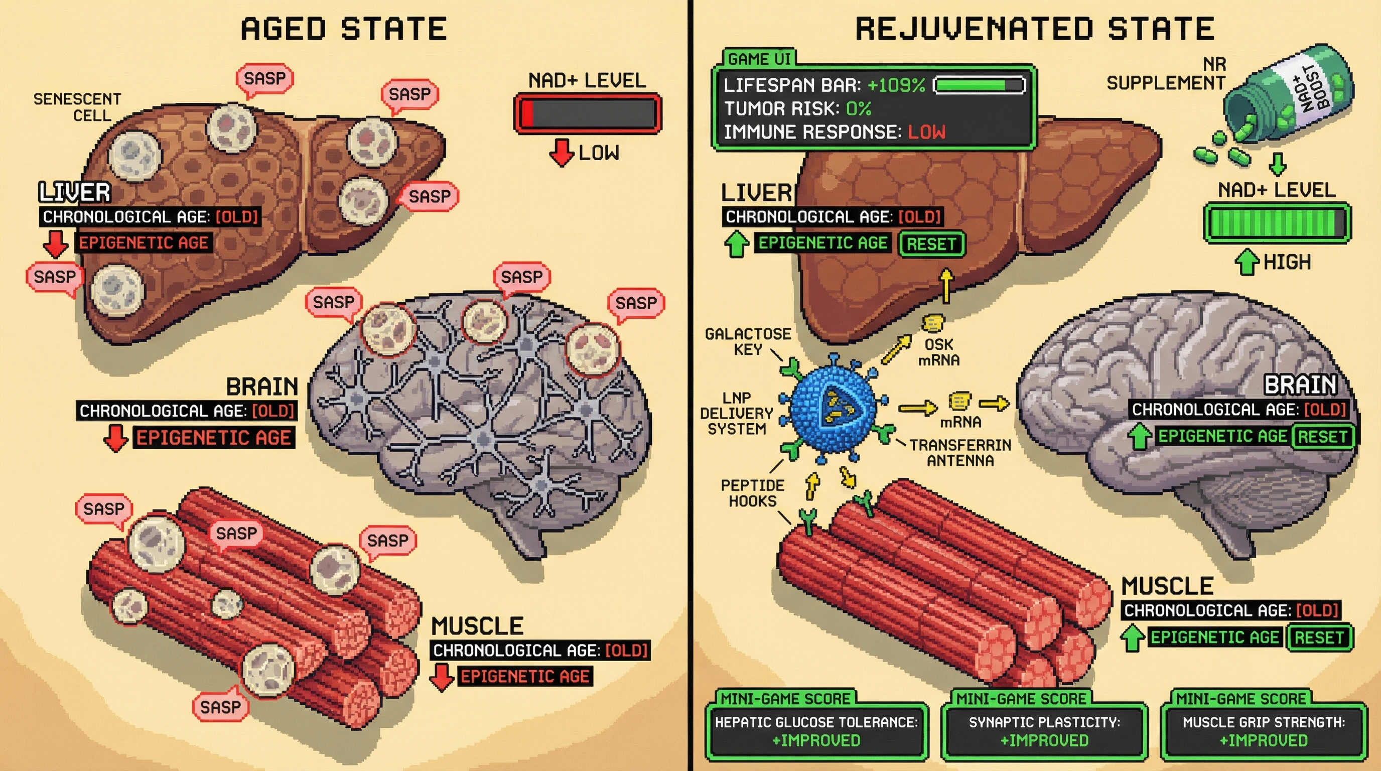 Mechanism: Tissue-targeted mRNA-LNP delivers OSK factors to liver, brain, and muscle, while NAD+ boosting enhances epigenetic reprogramming. Readout: Readout: This leads to a multi-organ epigenetic age reset, improved functional markers, and a projected +109% lifespan increase with no tumorigenesis.