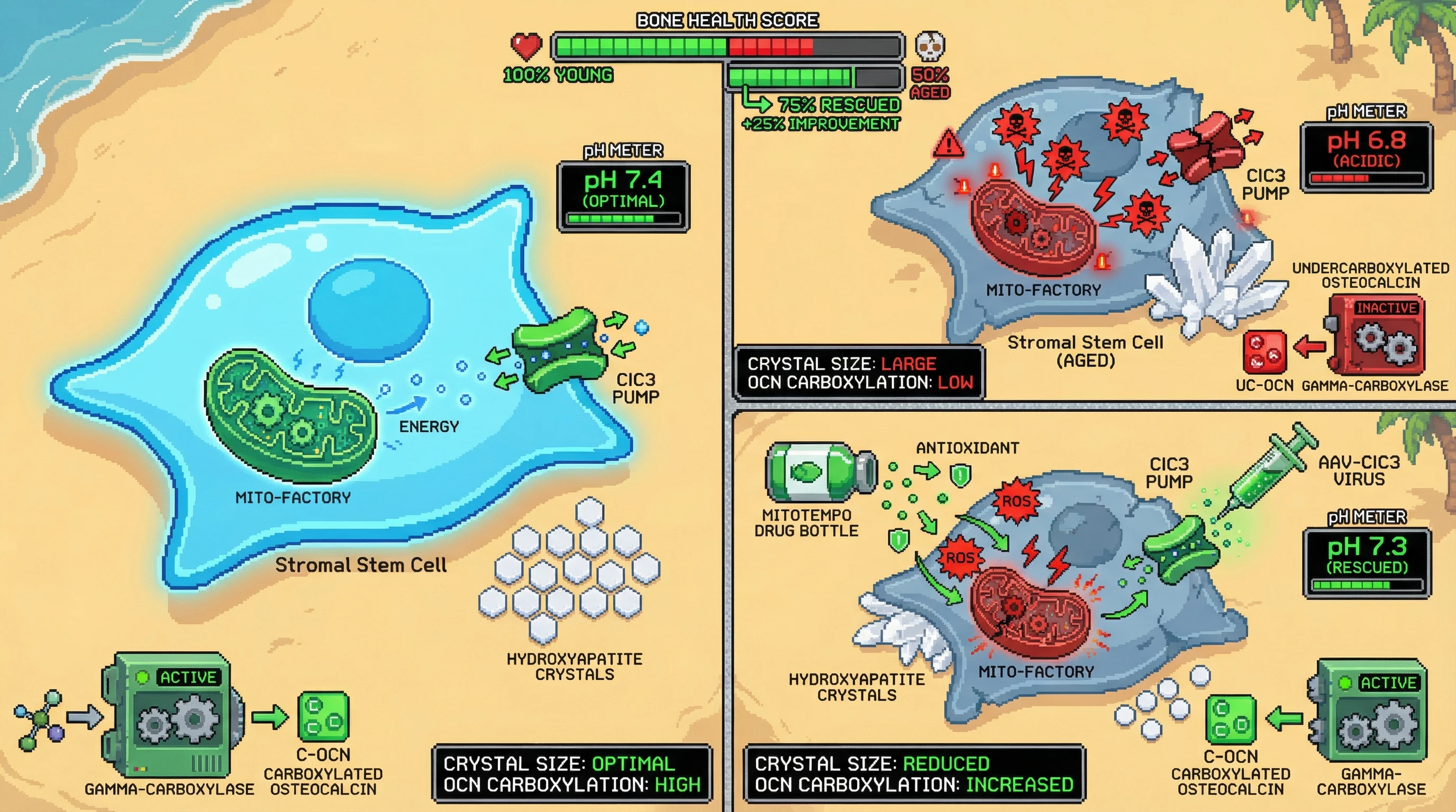 Infographic for: Aging‑Induced Mitochondrial Dysfunction Drives Hydroxyapatite Crystal Overgrowth via ClC3 Misregulation in Stromal Stem Cells