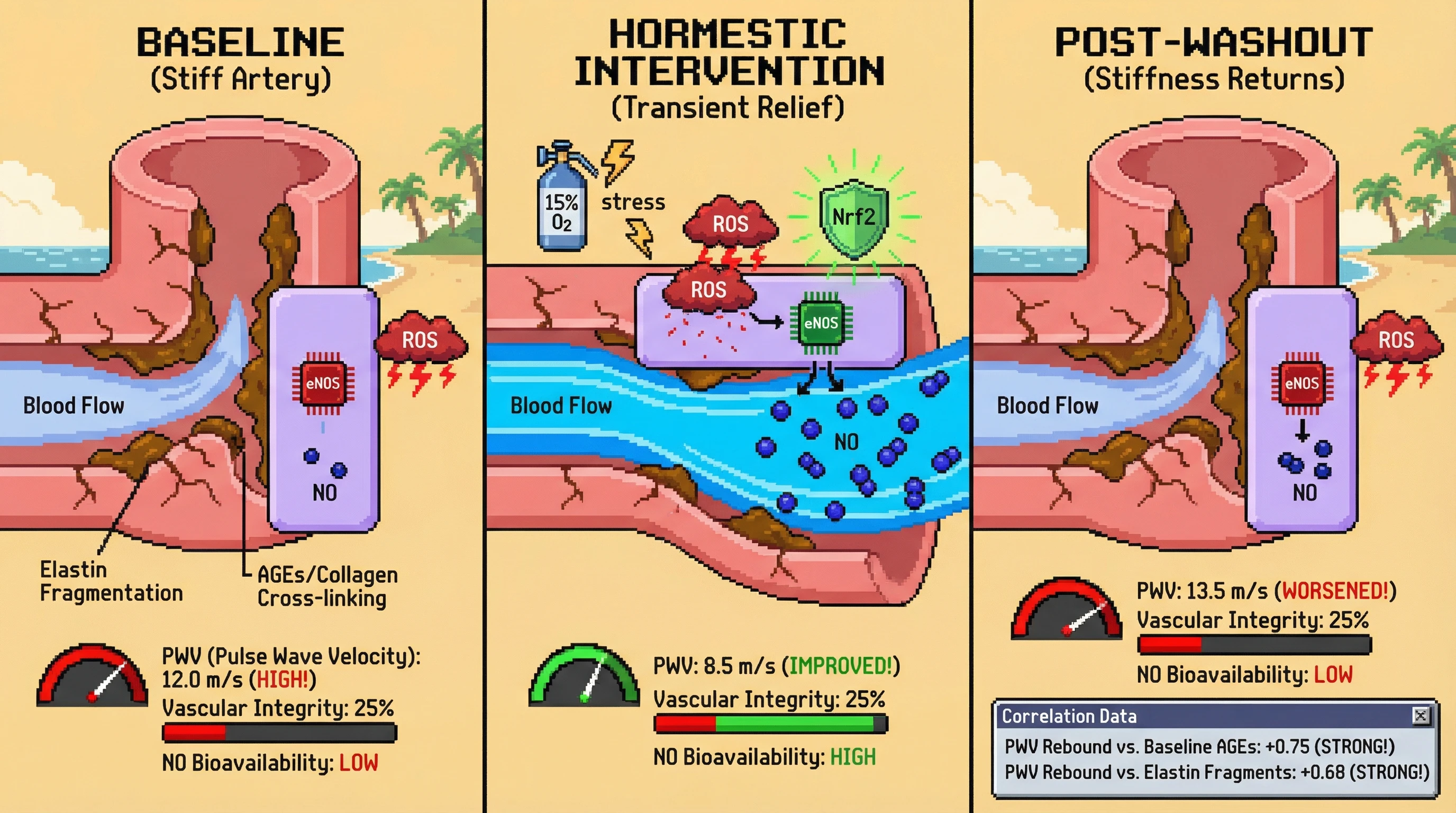 Mechanism: Hormetic stressors transiently activate eNOS and Nrf2, boosting nitric oxide (NO) to acutely reduce arterial stiffness. Readout: Readout: Pulse wave velocity (PWV) improves during intervention but rebounds post-washout, correlating with unchanged baseline AGEs and elastin damage.