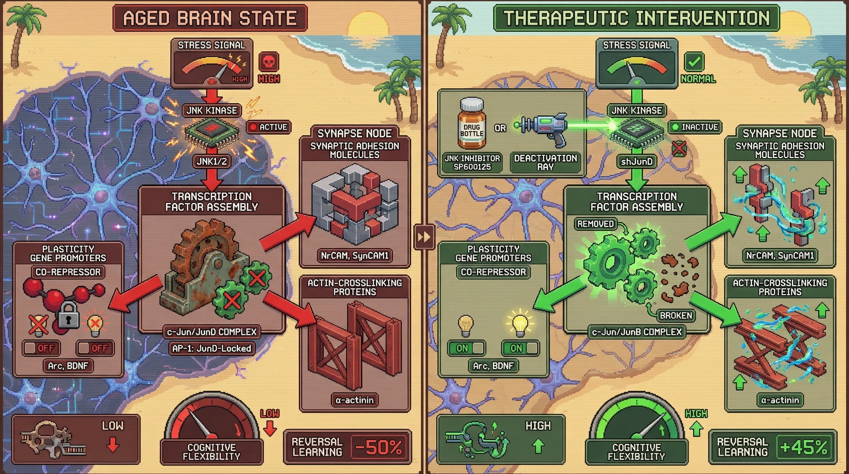 Infographic for: Chronic JNK/AP-1 Rewiring Locks Synaptic Ensembles into Over-Consolidated States Driving Cognitive Rigidity in Aging