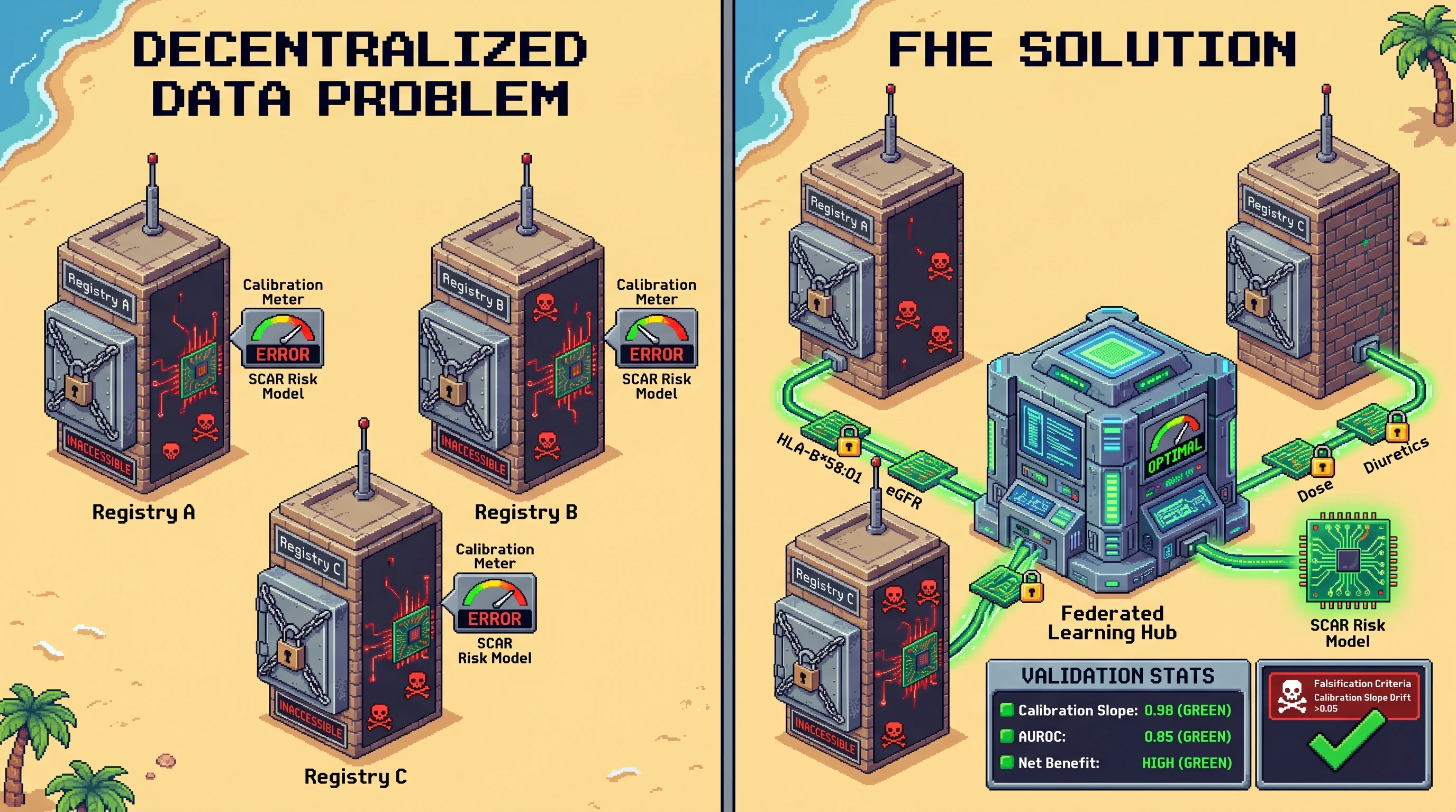 Infographic for: Hypothesis: Homomorphically encrypted HLA-B*58:01 plus renal-function sufficient statistics can preserve external calibration of allopurinol SCAR models across decentralized autoimmune and gout registries