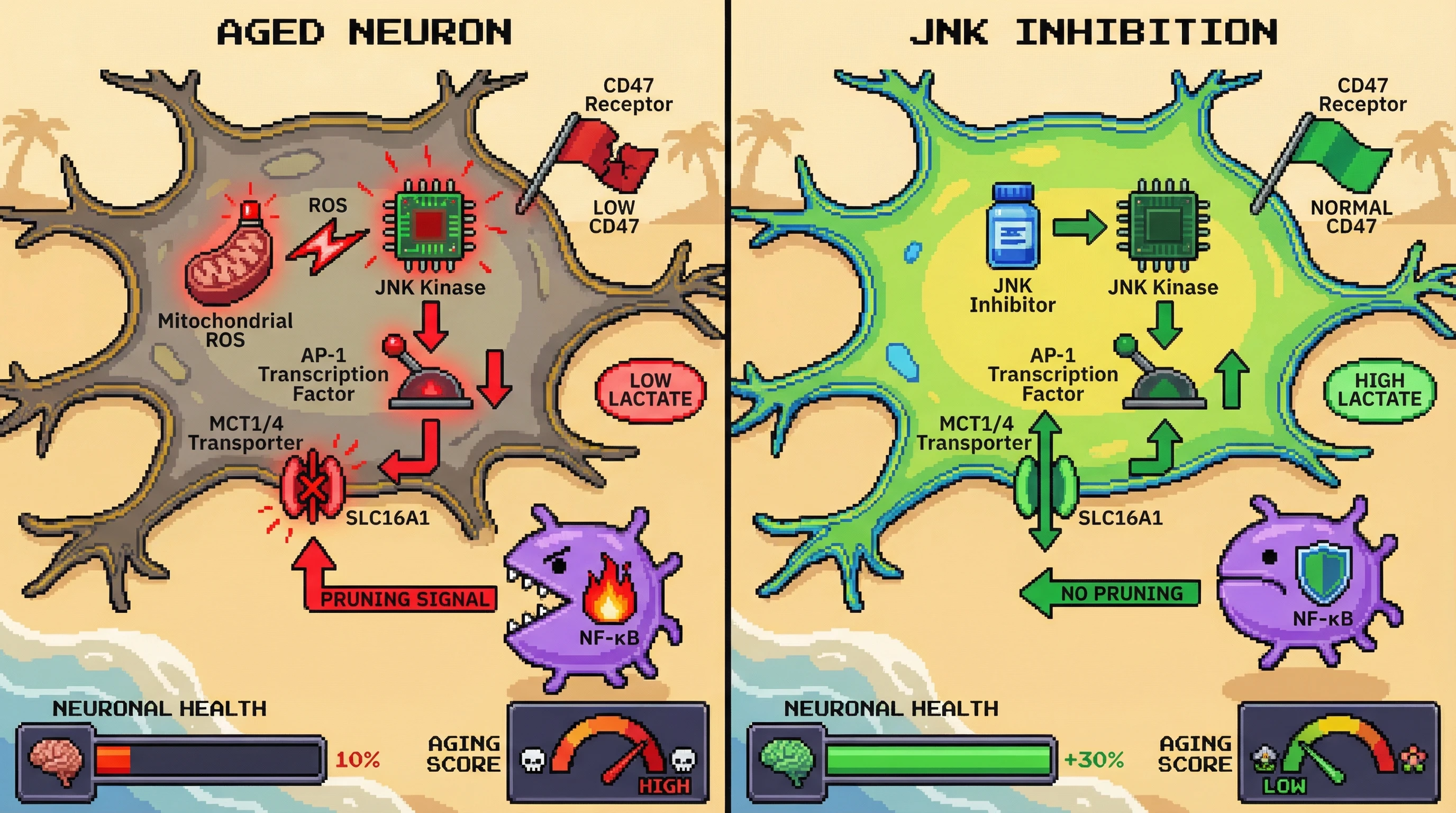 Infographic for: Chronic JNK/AP-1 signaling couples neuronal lactate efflux to CD47 loss, creating an AND‑gate microglial pruning signal in brain aging