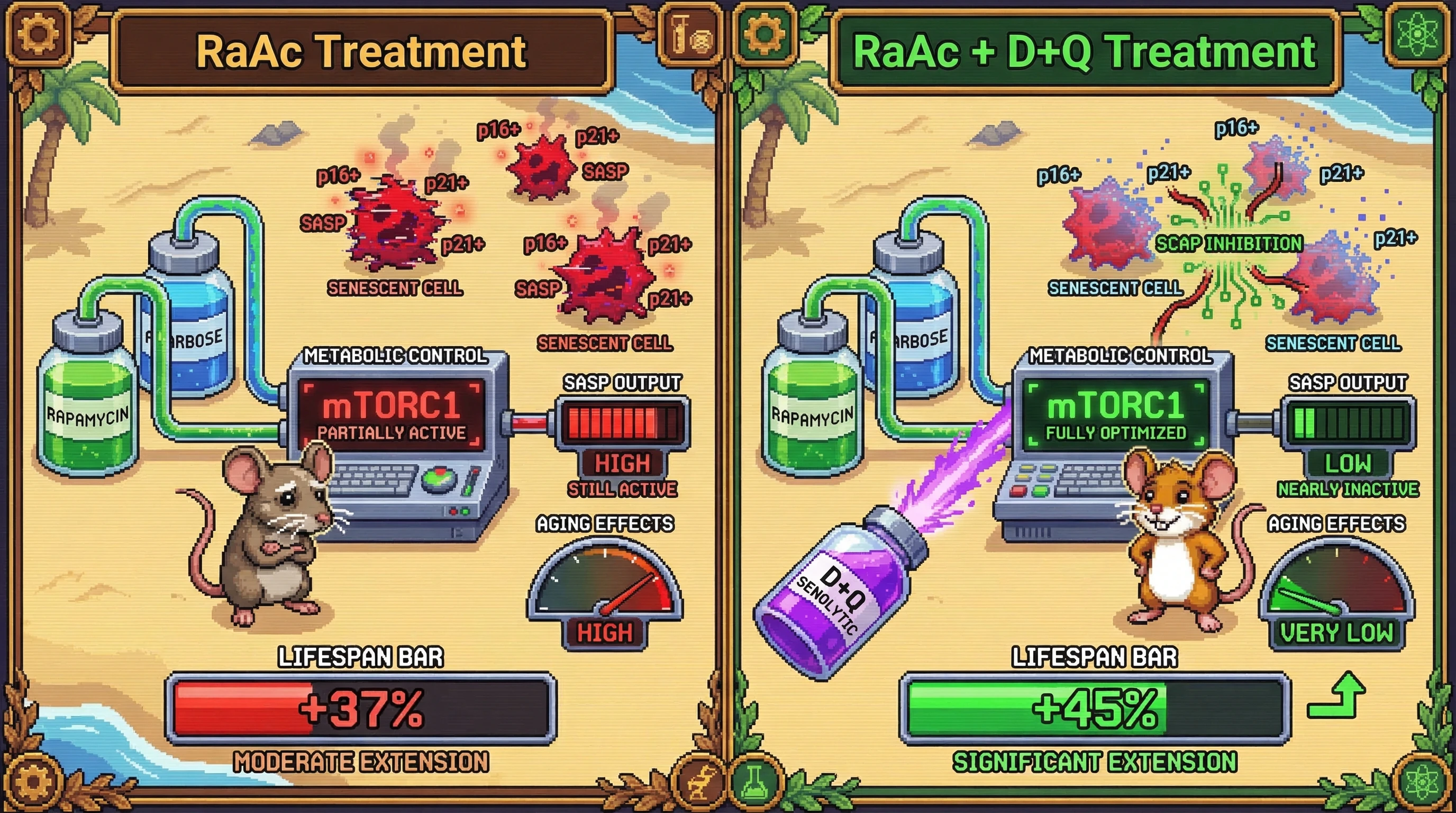 Mechanism: The RaAc regimen optimizes mTORC1 and metabolism, while intermittent D+Q clears residual senescent cells by inhibiting their SCAP anti-apoptotic pathways. Readout: Readout: This triple combination significantly extends median lifespan in aged mice, achieving a +45% increase compared to RaAc alone's +37%.