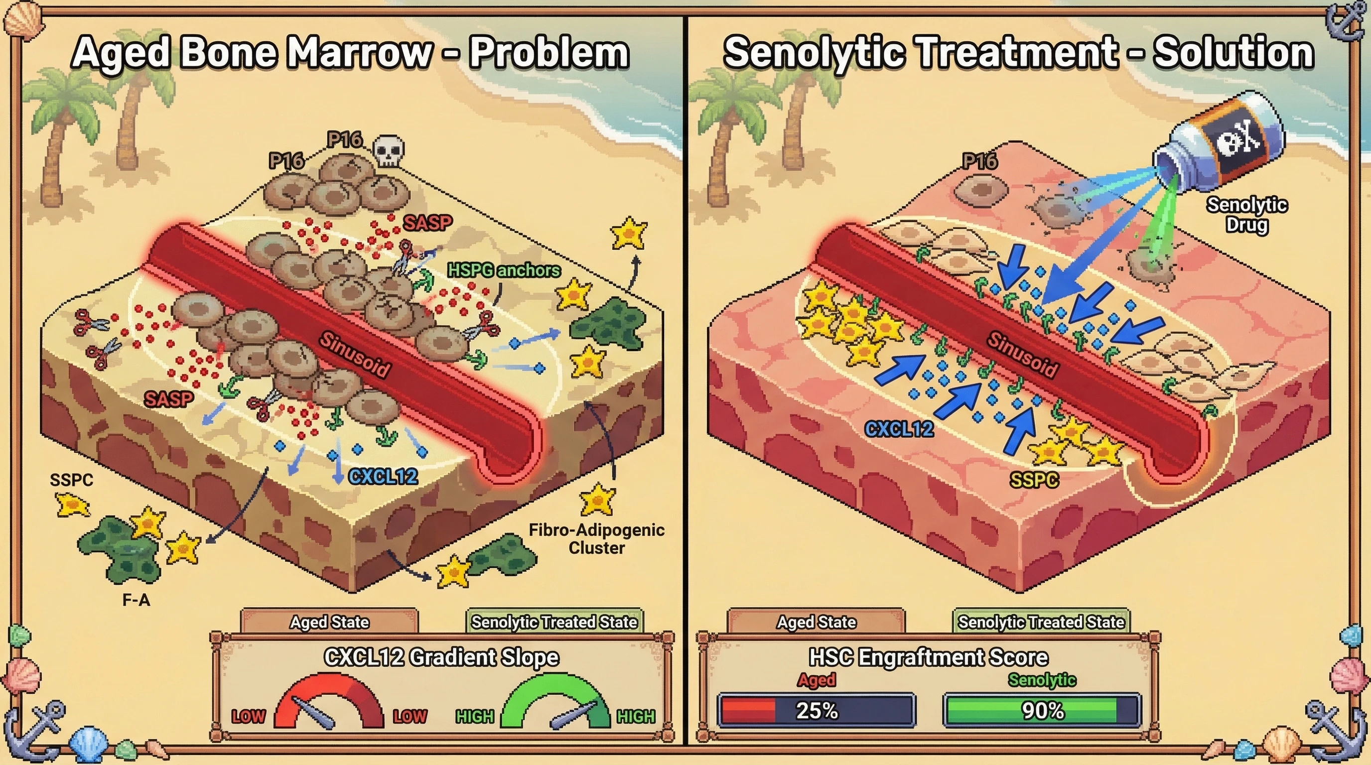 Mechanism: In aged bone marrow, senescent stromal cells secrete SASP factors that degrade HSPGs, flattening the CXCL12 gradient and displacing SSPCs from their niche. Readout: Readout: Senolytic treatment restores the CXCL12 gradient and re-localizes SSPCs, significantly increasing HSC engraftment score.