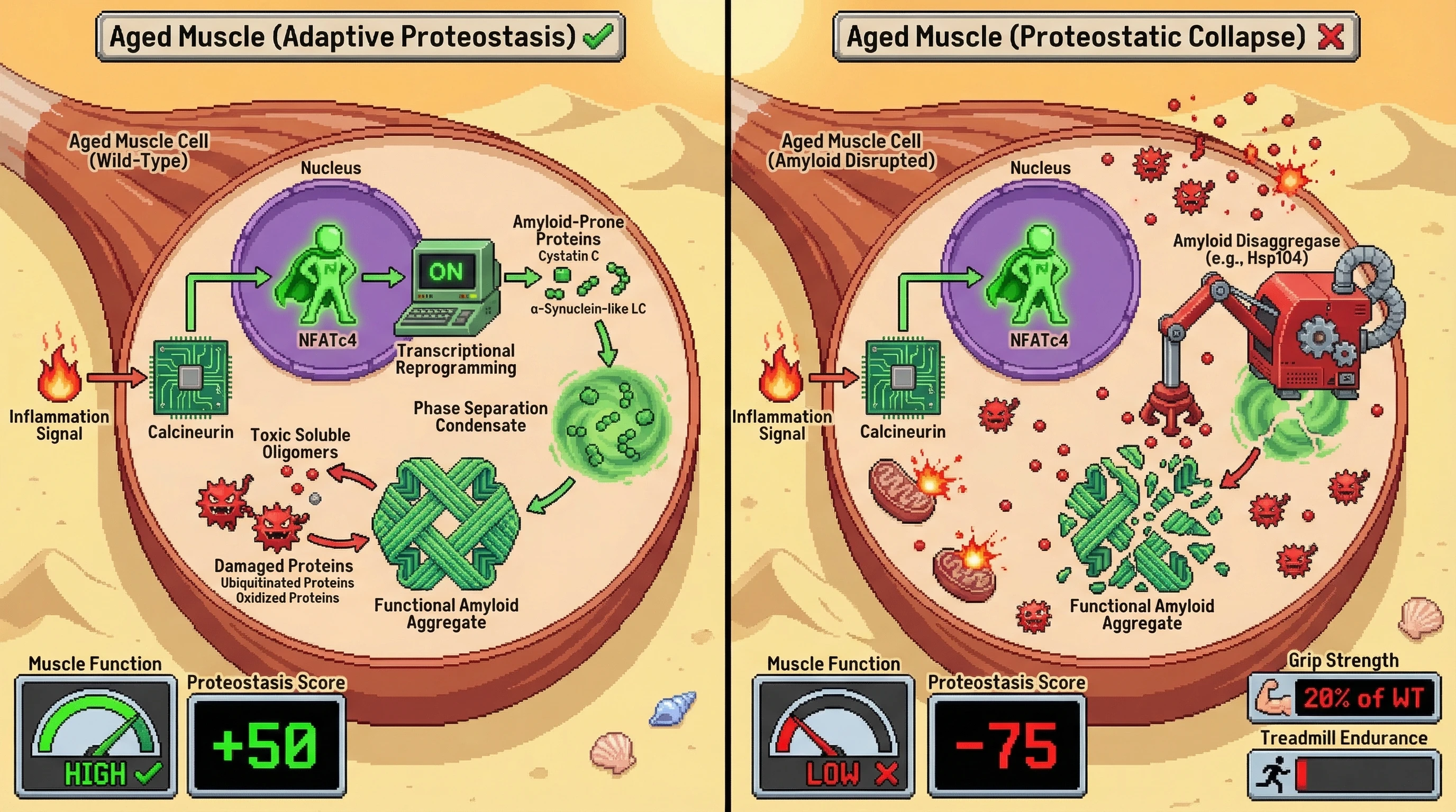 Mechanism: In aged muscle, NFATc4 promotes the formation of protective functional amyloid aggregates that sequester damaged proteins and toxic oligomers. Readout: Readout: Disrupting these amyloids leads to increased soluble toxic species, decreased muscle function, and reduced grip strength and treadmill endurance.