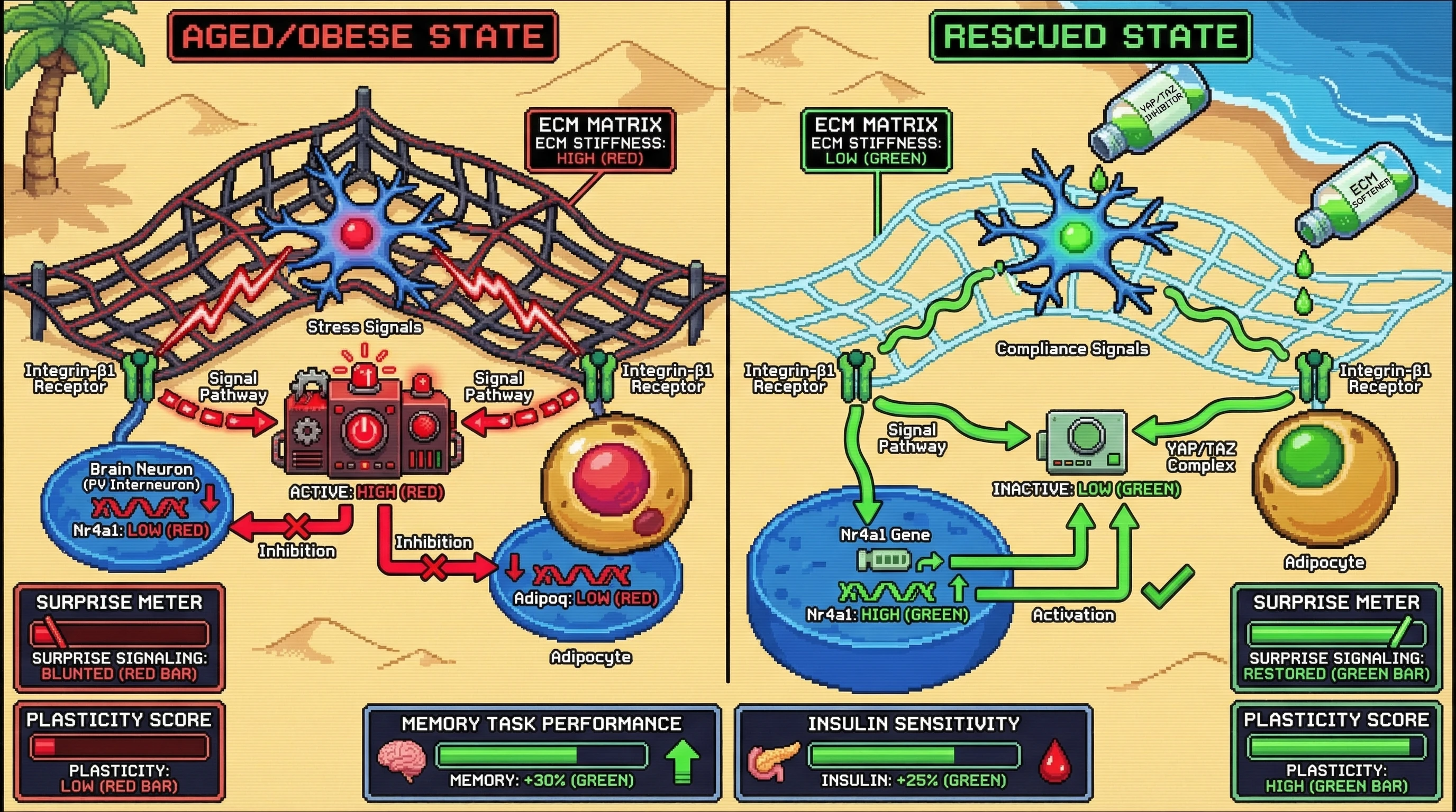 Infographic for: ECM‑Driven YAP/TAZ Loop Locks Brain and Fat into Low‑Surprise State