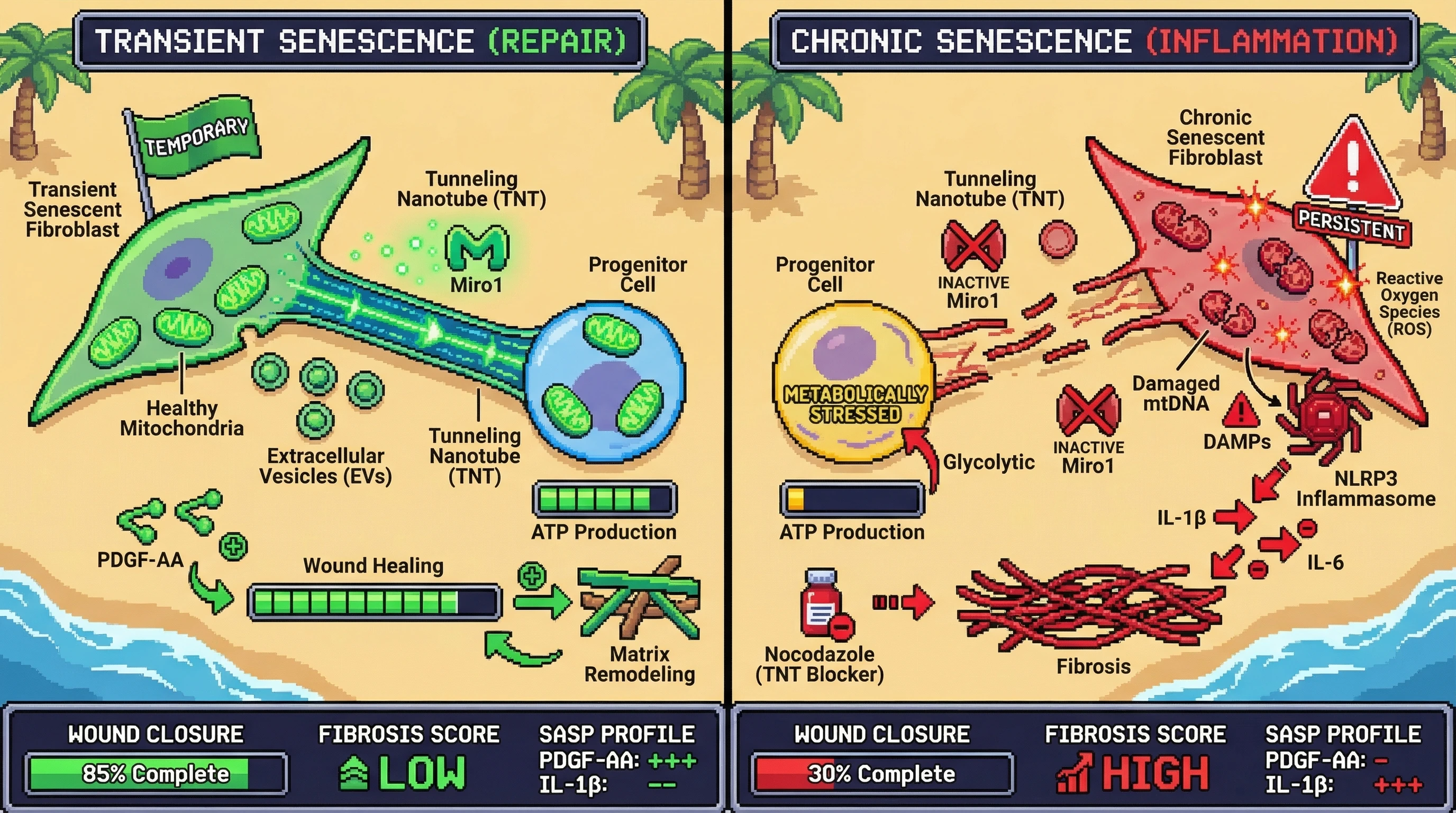 Mechanism: Transient senescent fibroblasts promote wound healing by transferring healthy mitochondria to progenitor cells via tunneling nanotubes and vesicles. Readout: Readout: This process leads to accelerated wound closure, reduced fibrosis, and a pro-regenerative SASP profile.