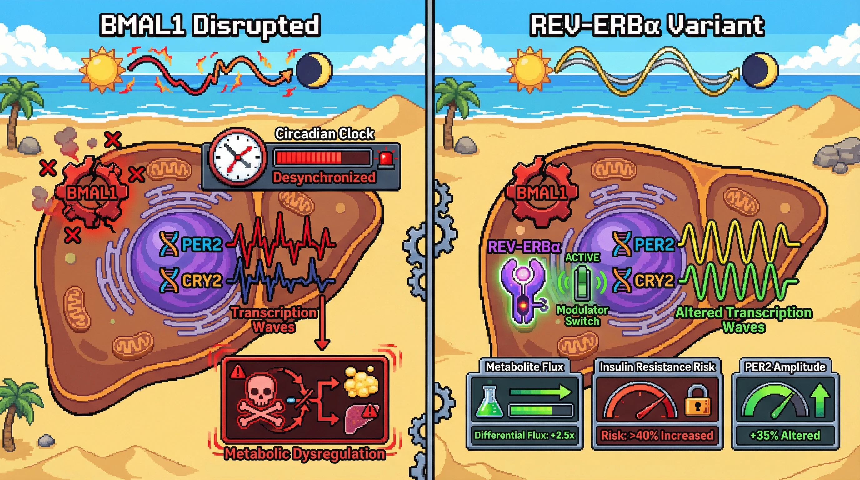 Infographic for: REV-ERBα Hepatic Variants Modulate PER2/CRY2 Circadian Metabolic Desynchronization in BMAL1 Disruption