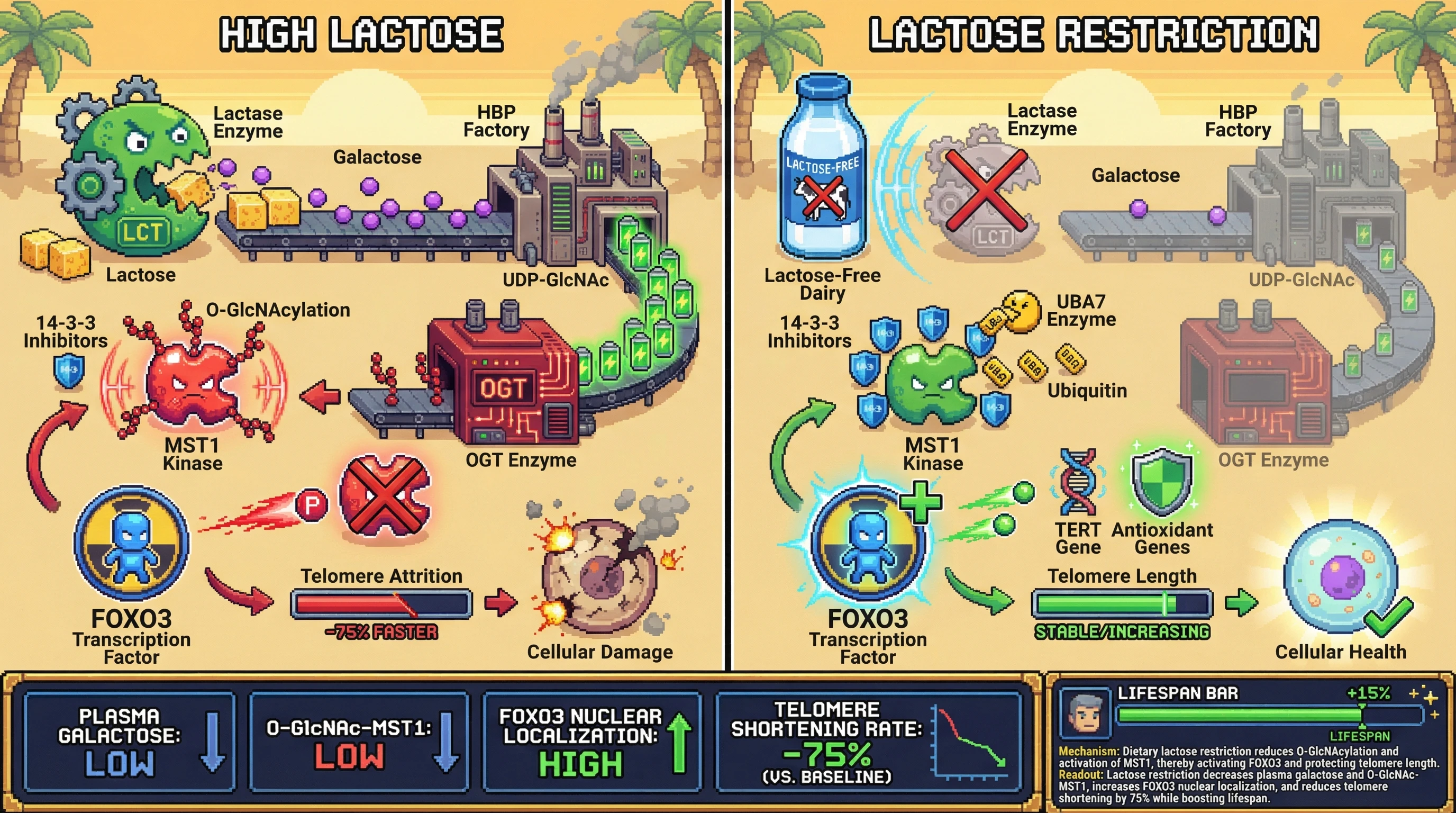 Infographic for: Lactase-Driven MST1 Activation Accelerates Telomere Attrition via O-GlcNAcylation: A Testable Hypothesis Using g-Methods