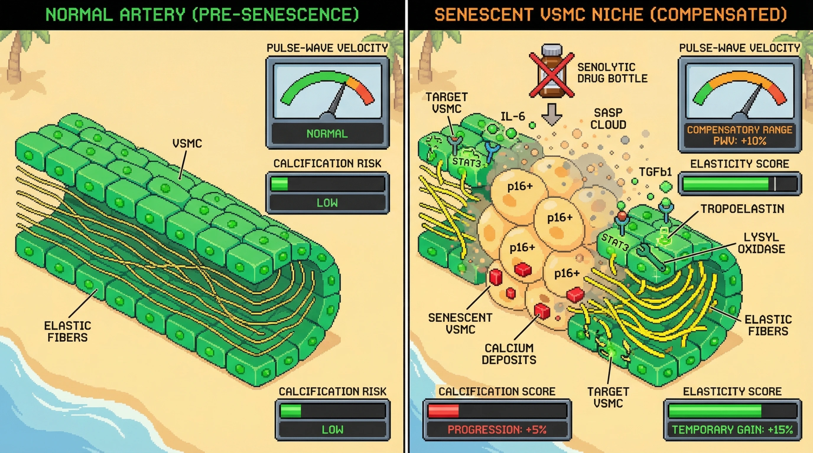 Infographic for: Senescent VSMCs as Elastic Fiber Stewards: SASP‑Mediated Tropoelastin Induction Balances Calcification