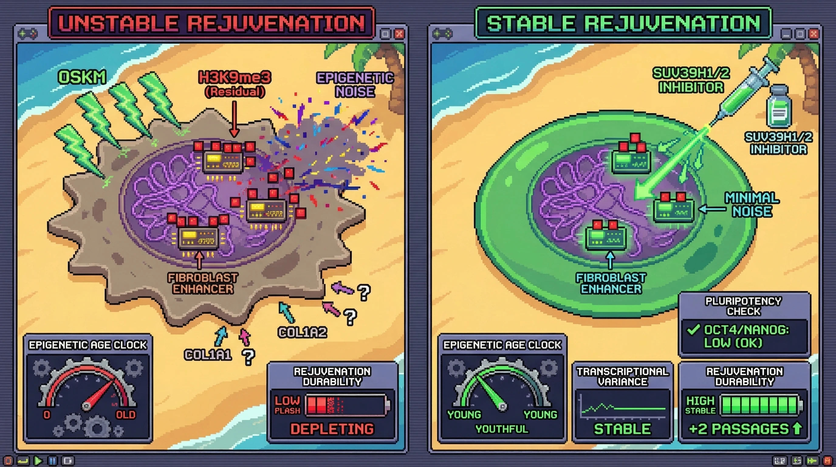 Infographic for: Enhancer‑linked H3K9me3 drives epigenetic noise that limits the durability of partial reprogramming‑induced rejuvenation