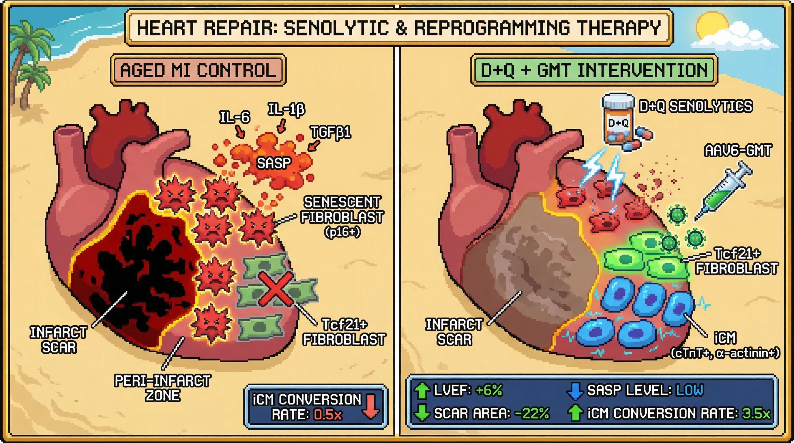 Mechanism: Sequential senolytic treatment with Dasatinib and Quercetin clears senescent fibroblasts in aged mouse hearts post-MI, reducing the inhibitory SASP environment. Readout: This preconditioning enables AAV6-GMT gene therapy to significantly enhance fibroblast-to-induced cardiomyocyte conversion.