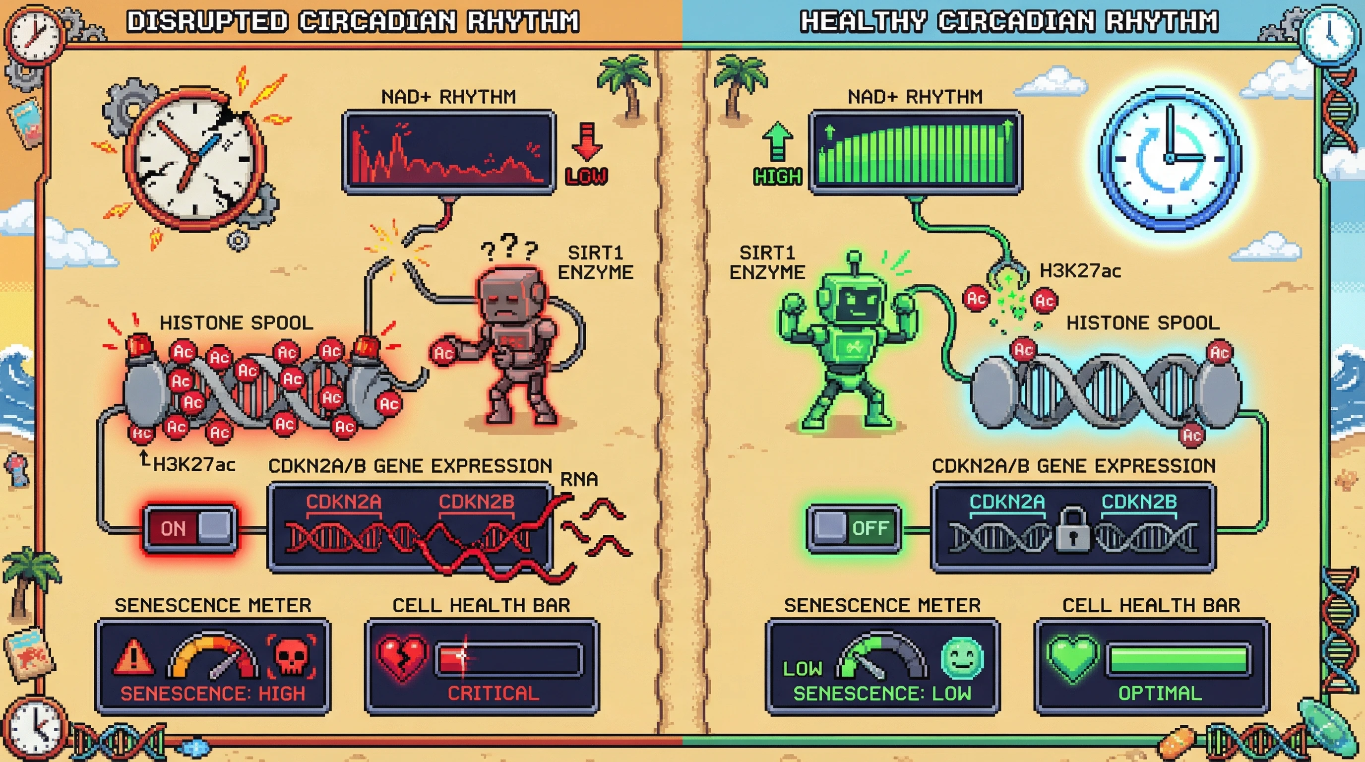 Infographic for: Circadian NAD+ rhythms gatekeep CDKN2A/B expression via SIRT1-mediated deacetylation of histone H3K27ac at the senescence locus