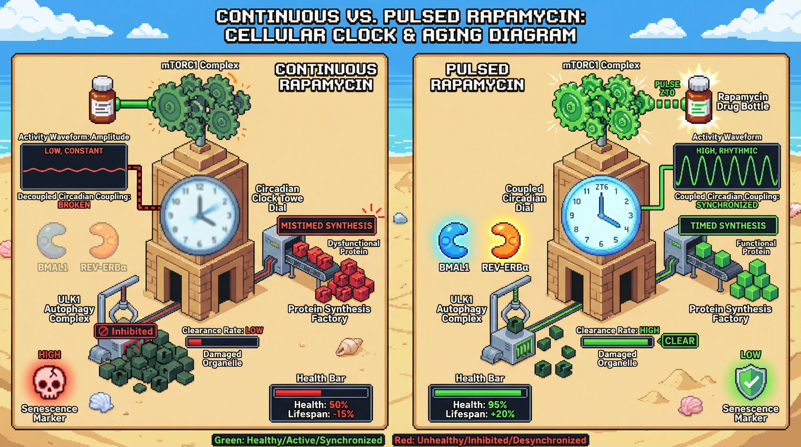 Mechanism: Timed rapamycin pulses preserve the amplitude of mTORC1 activity, sustaining the rhythmic coupling of protein synthesis and autophagy to the circadian clock. Readout: Readout: This approach is predicted to improve health parameters like muscle force, glucose tolerance, and reduce senescence markers, leading to an extended healthspan.