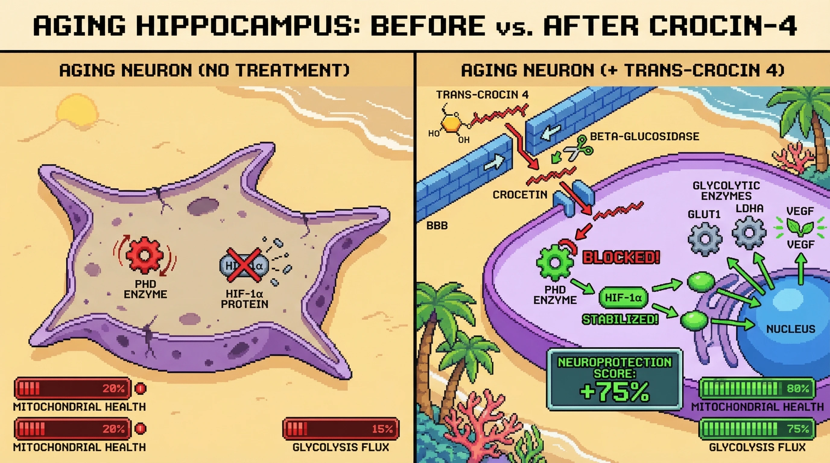 Infographic for: Trans‑crocin 4 as a Brain‑Active Prodrug that Generates Crocetin to Stabilize HIF‑1α in the Aging Hippocampus
